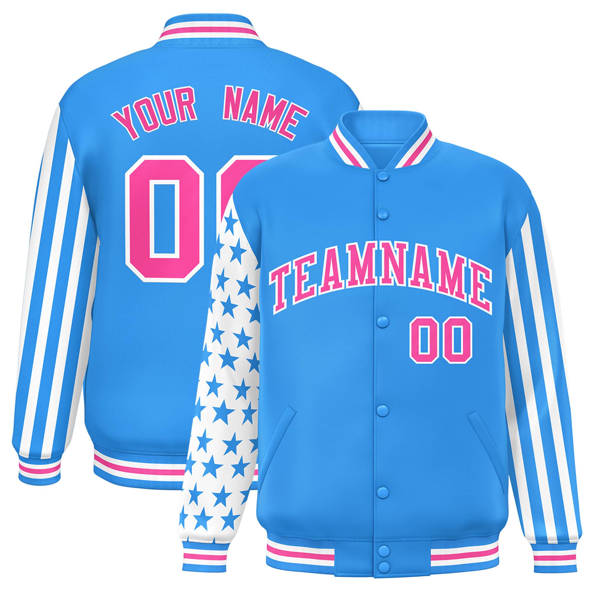 Custom Powder Blue American Flag Varsity Full-Snap Authentic Raglan Sleeves Letterman Bomber Jacket