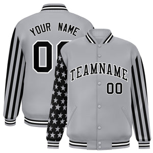 Custom Gray American Flag Varsity Full-Snap Authentic Raglan Sleeves Letterman Bomber Jacket