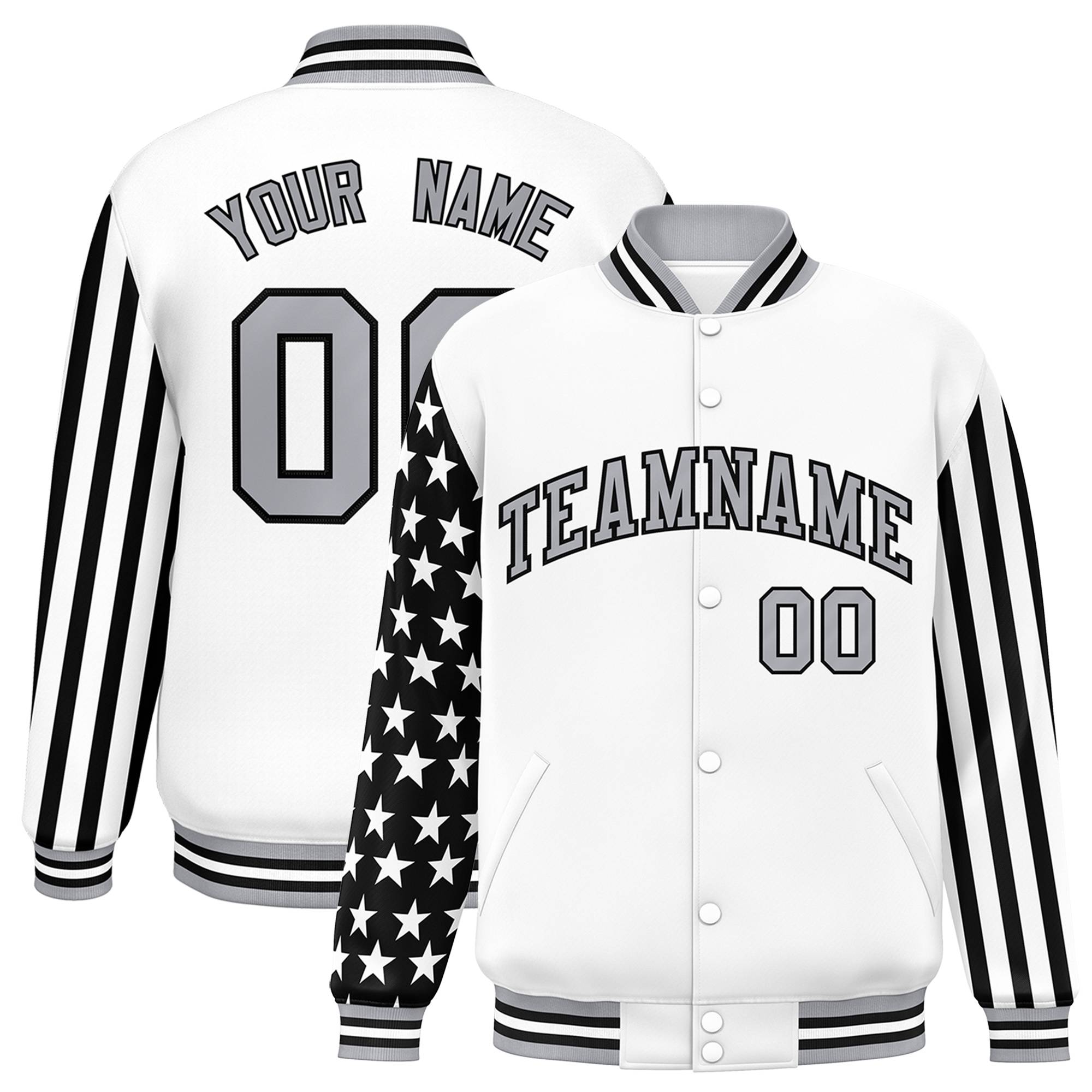 Custom White American Flag Varsity Full-Snap Authentic Raglan Sleeves Letterman Bomber Jacket