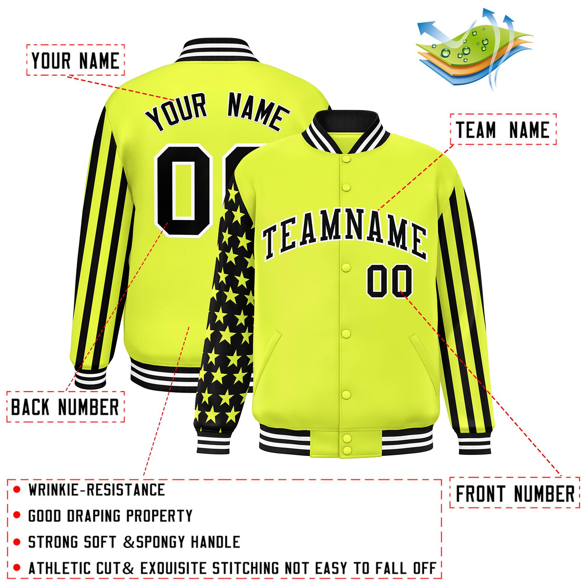 Custom Green American Flag Varsity Full-Snap Authentic Raglan Sleeves Letterman Bomber Jacket