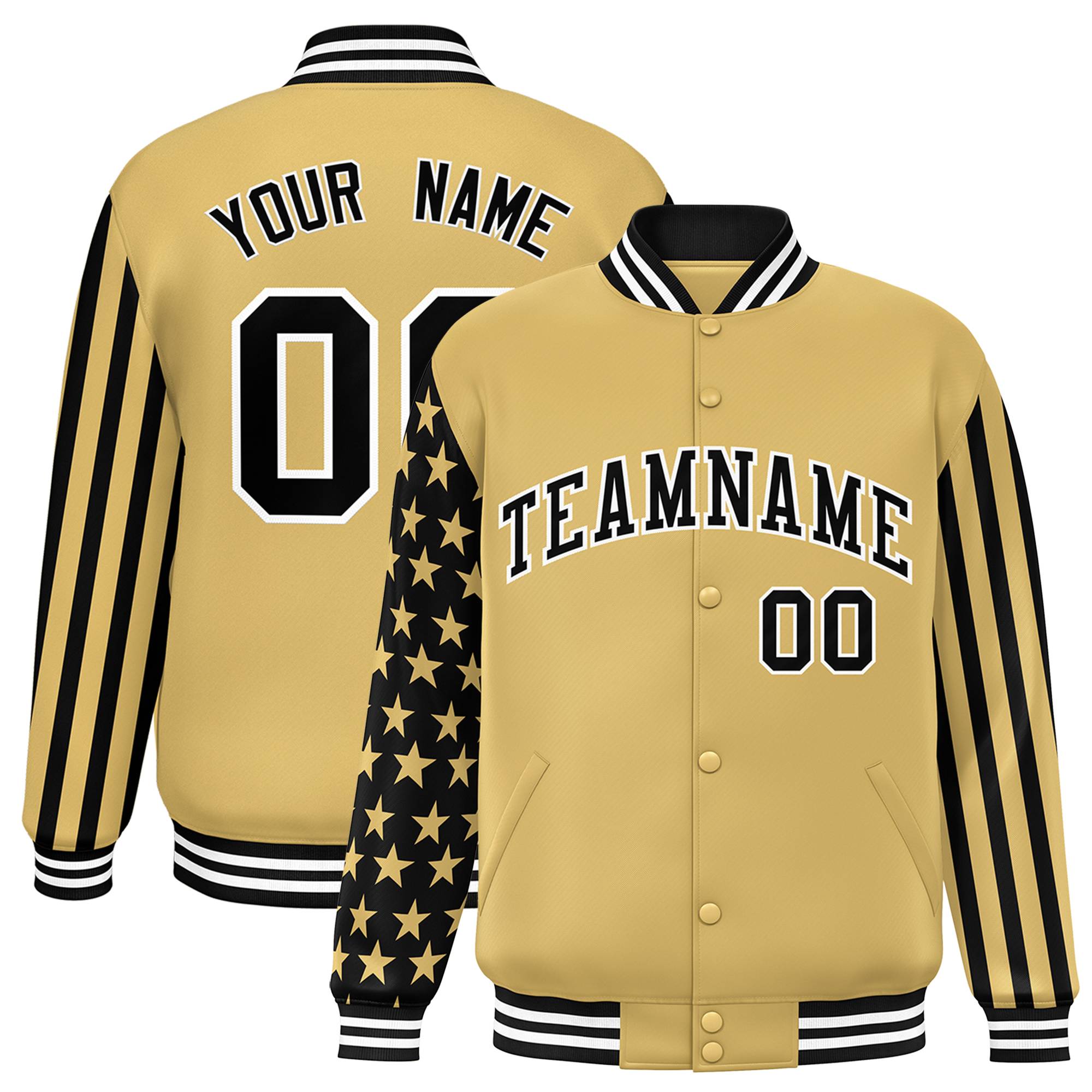 Custom Khaki American Flag Varsity Full-Snap Authentic Raglan Sleeves Letterman Bomber Jacket