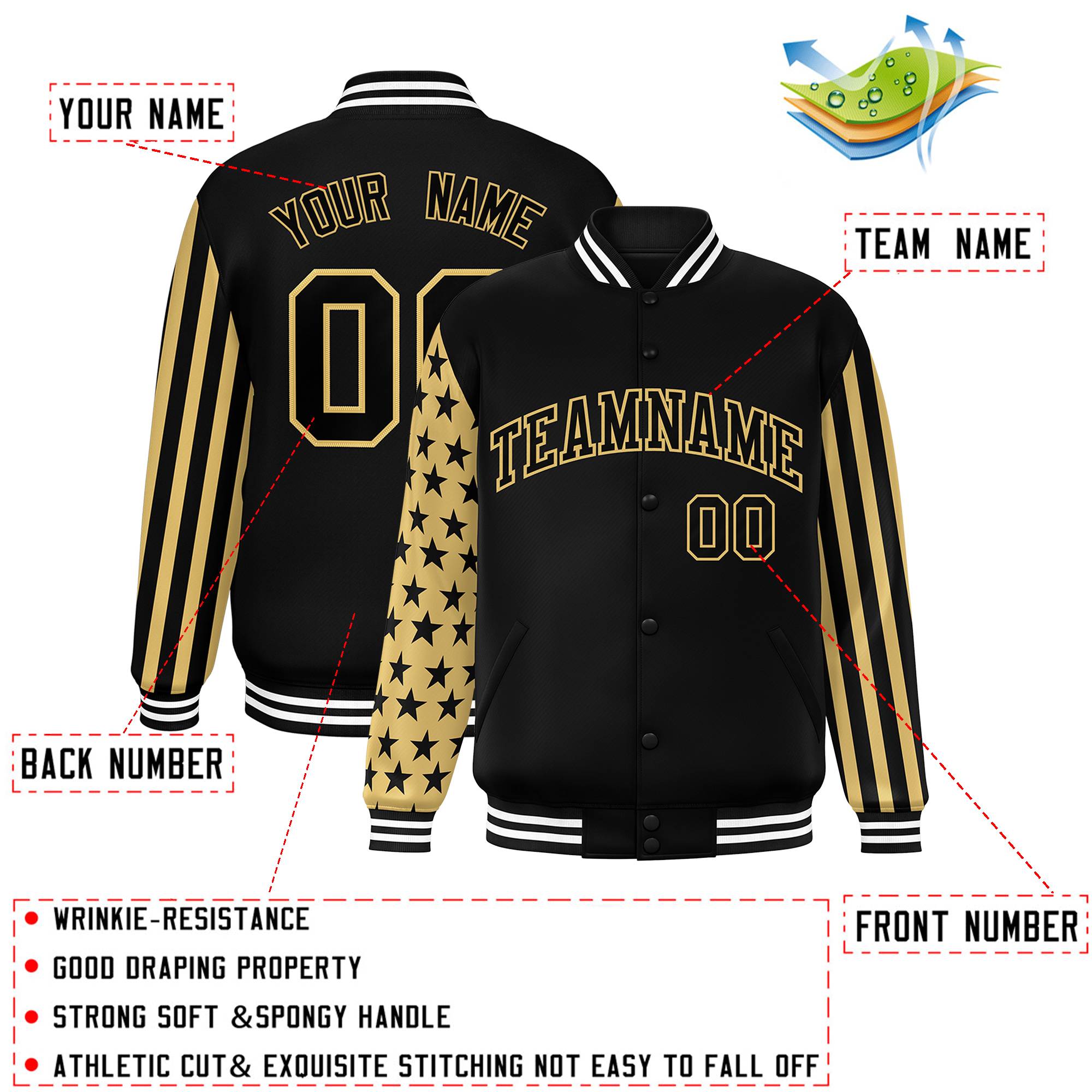 Custom Black American Flag Varsity Full-Snap Authentic Raglan Sleeves Letterman Bomber Jacket