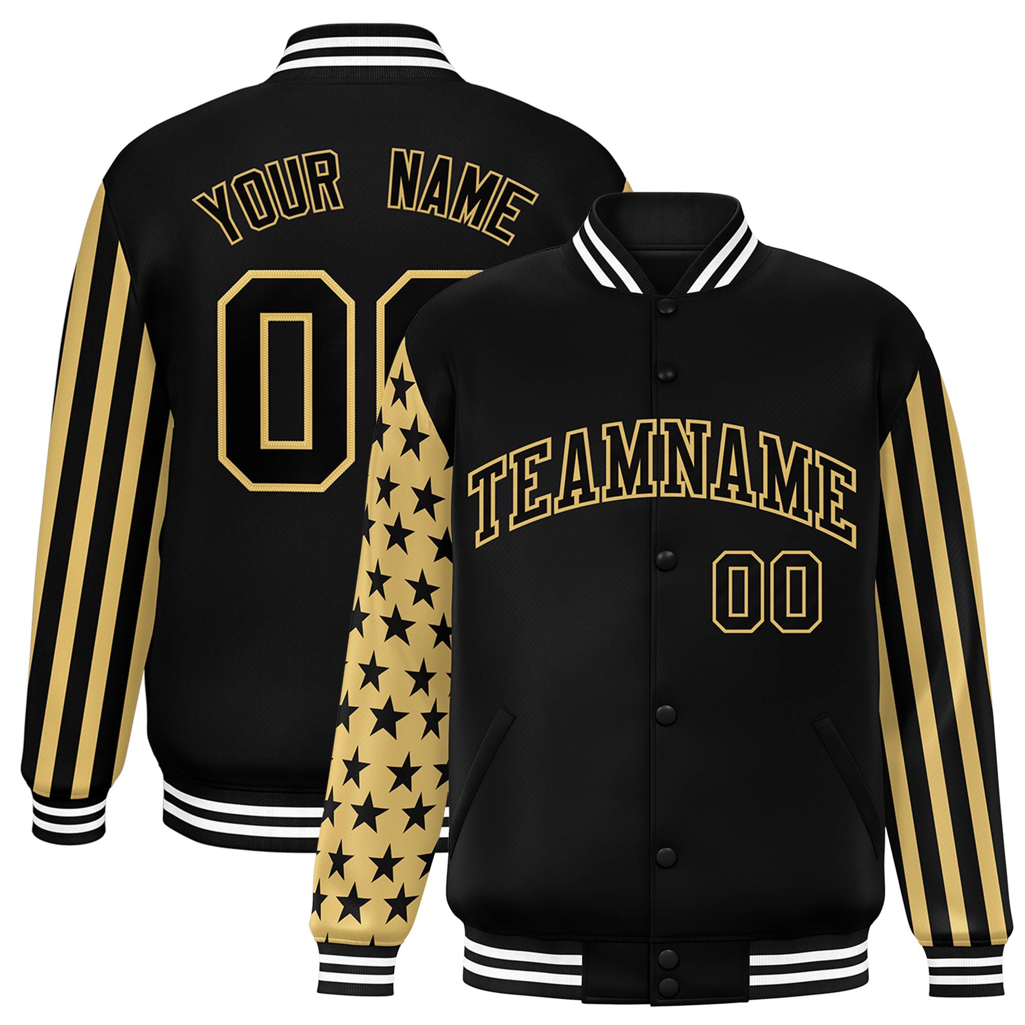 Custom Black American Flag Varsity Full-Snap Authentic Raglan Sleeves Letterman Bomber Jacket