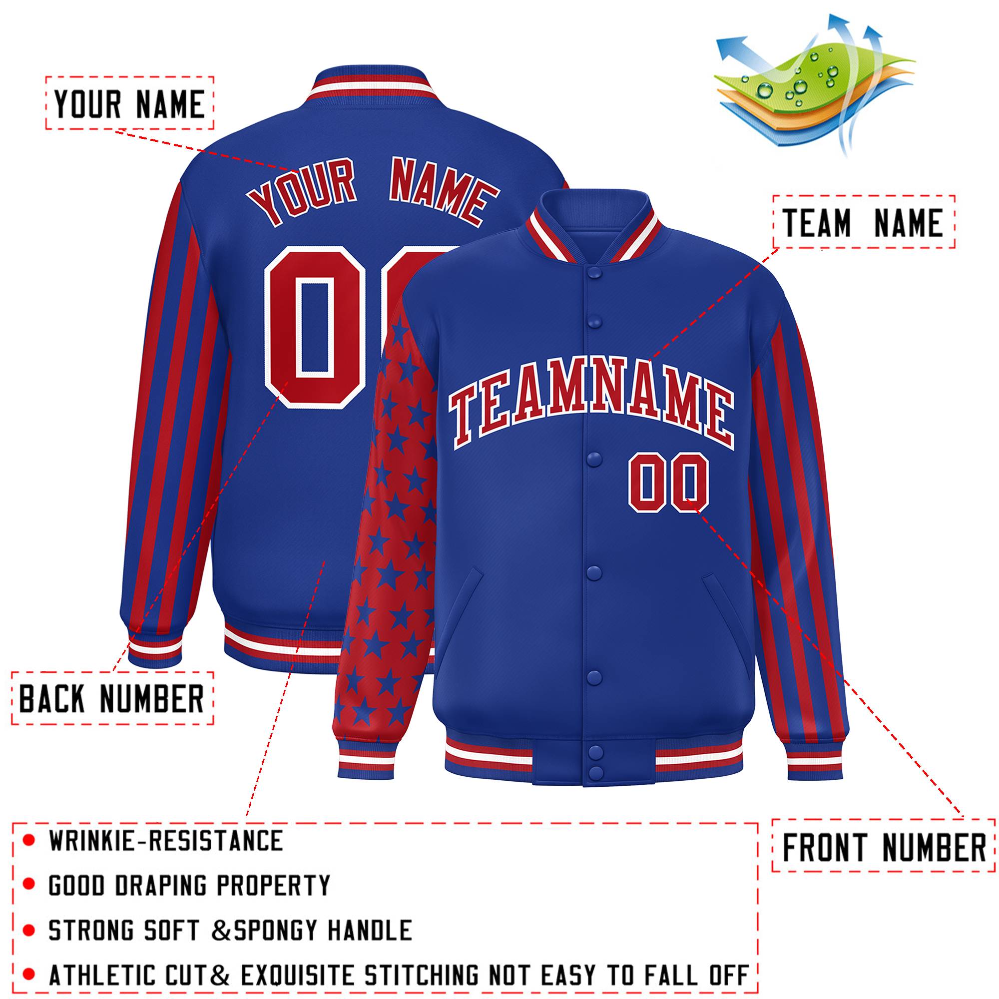 Custom Royal American Flag Varsity Full-Snap Authentic Raglan Sleeves Letterman Bomber Jacket