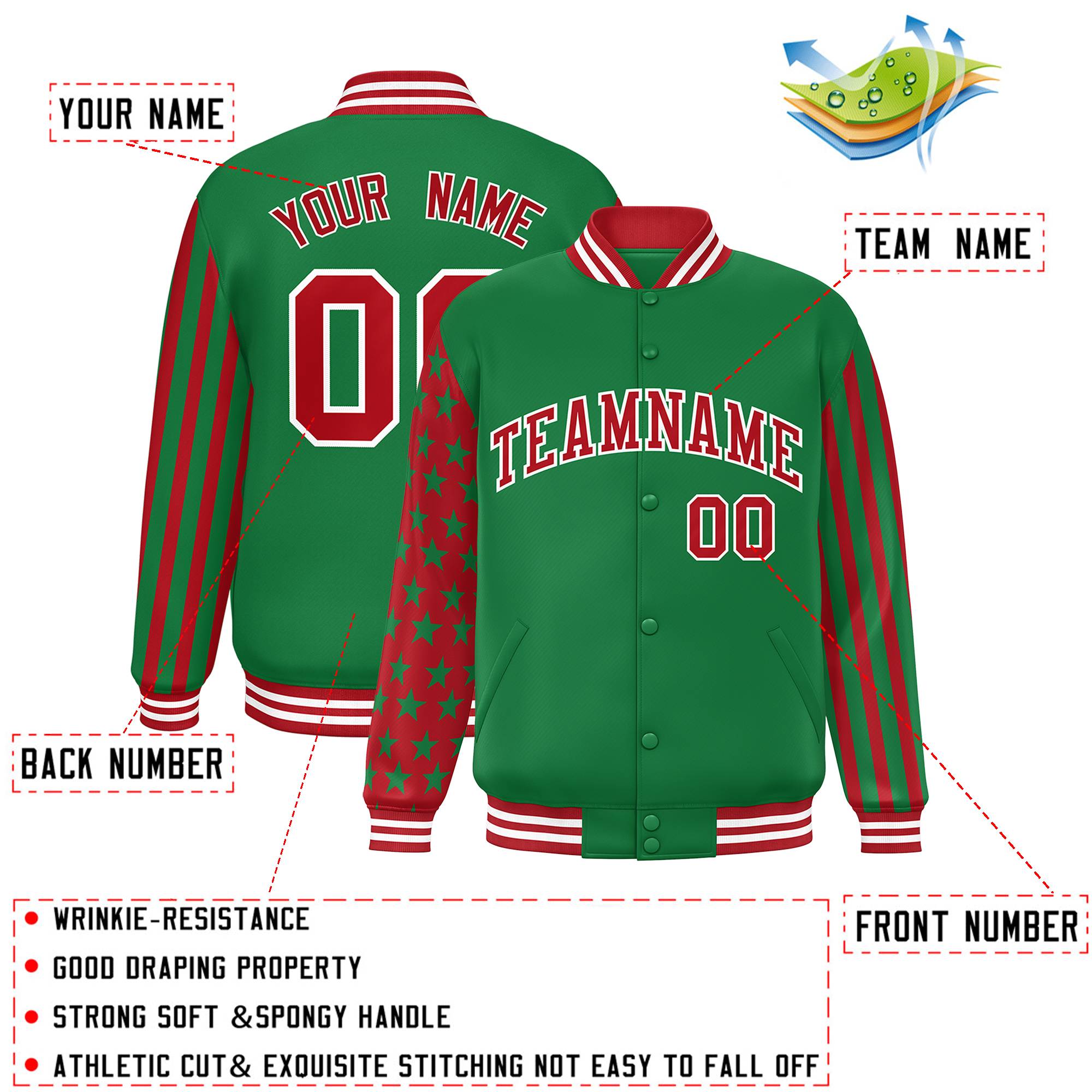 Custom Kelly Green American Flag Varsity Full-Snap Authentic Raglan Sleeves Letterman Bomber Jacket