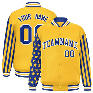 Custom Gold American Flag Varsity Full-Snap Authentic Raglan Sleeves Letterman Bomber Jacket