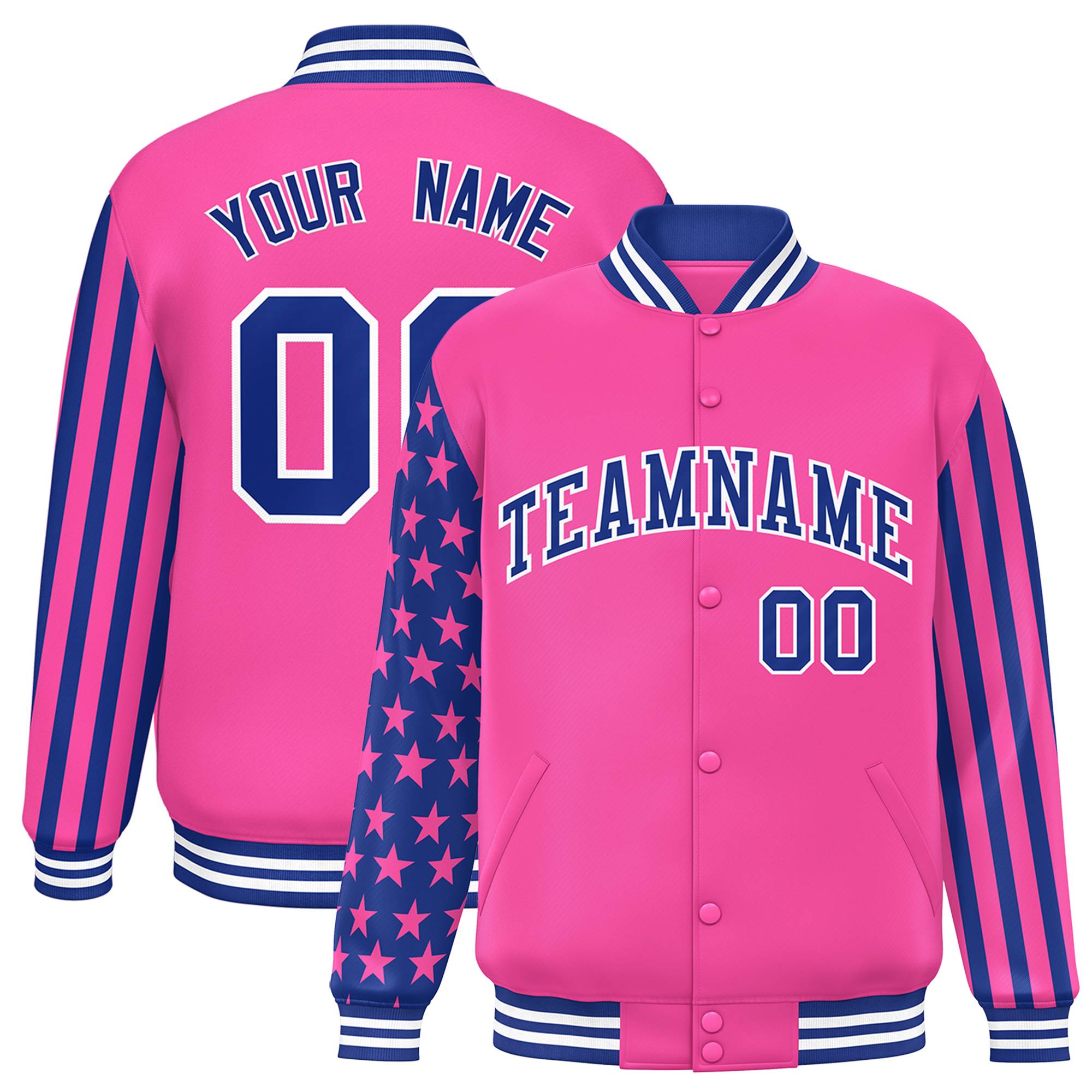 Custom Pink American Flag Varsity Full-Snap Authentic Raglan Sleeves Letterman Bomber Jacket