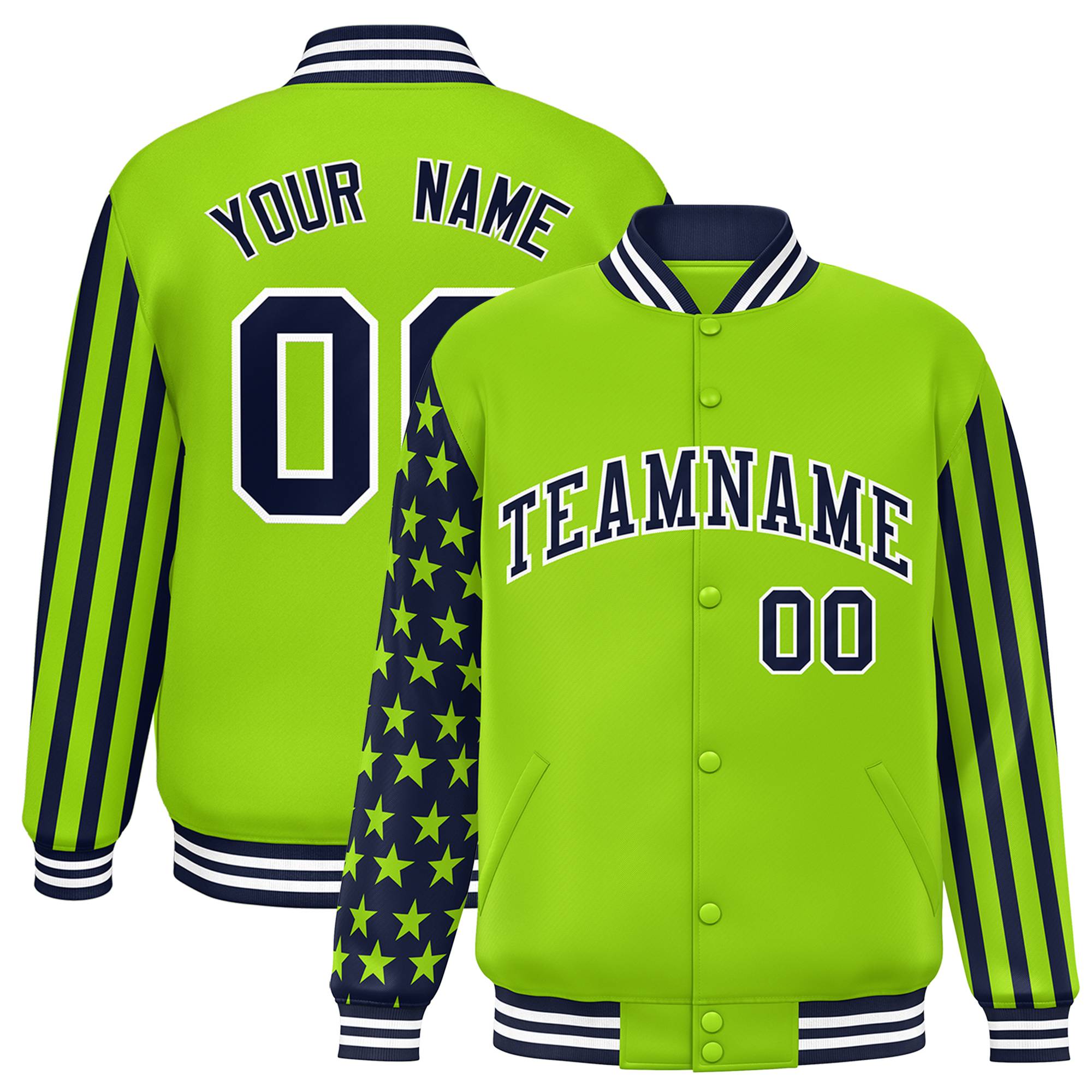 Custom Neon Green American Flag Varsity Full-Snap Authentic Raglan Sleeves Letterman Bomber Jacket