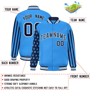 Custom Powder Blue American Flag Varsity Full-Snap Authentic Raglan Sleeves Letterman Bomber Jacket