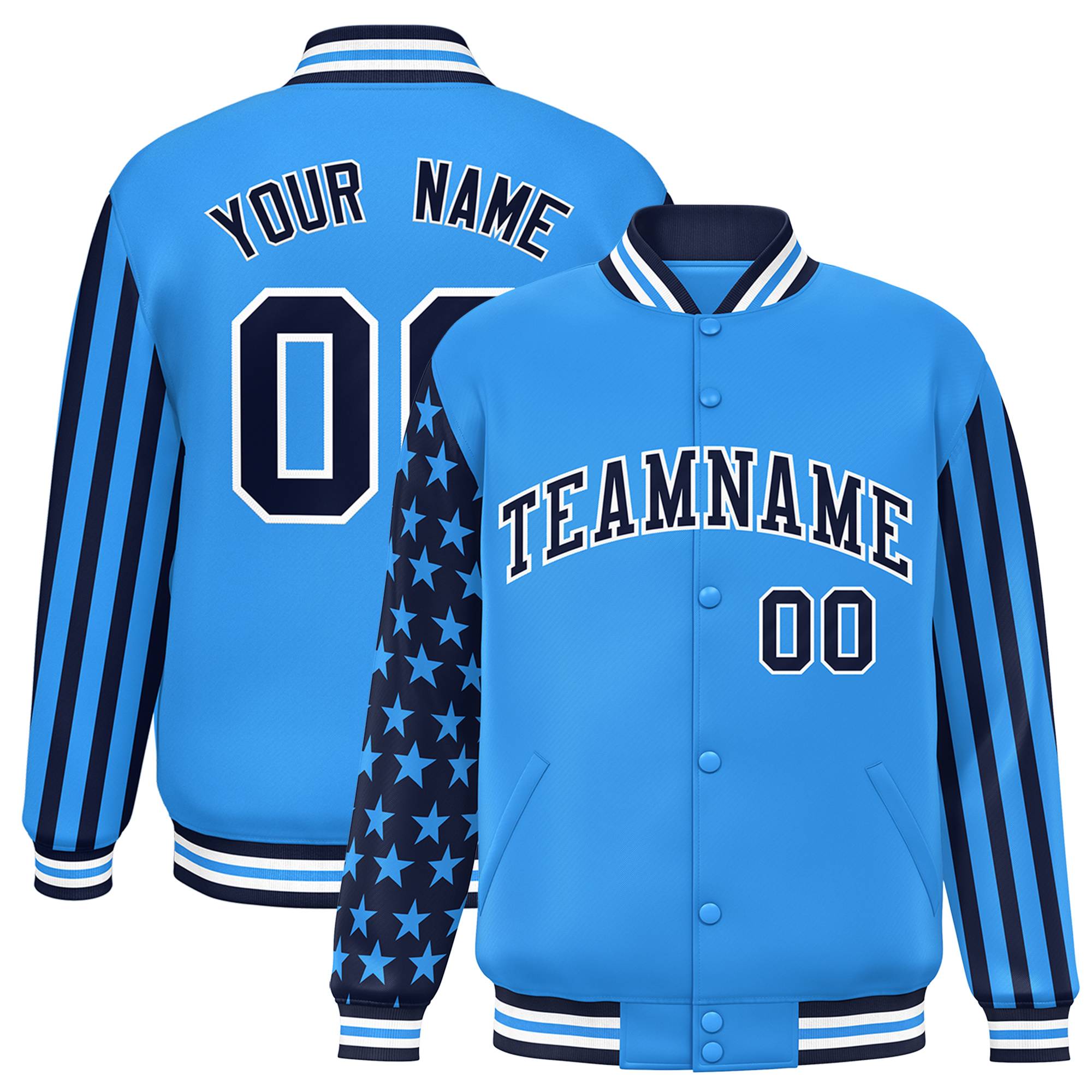 Custom Powder Blue American Flag Varsity Full-Snap Authentic Raglan Sleeves Letterman Bomber Jacket