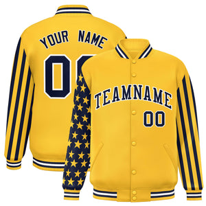 Custom Gold American Flag Varsity Full-Snap Authentic Raglan Sleeves Letterman Bomber Jacket