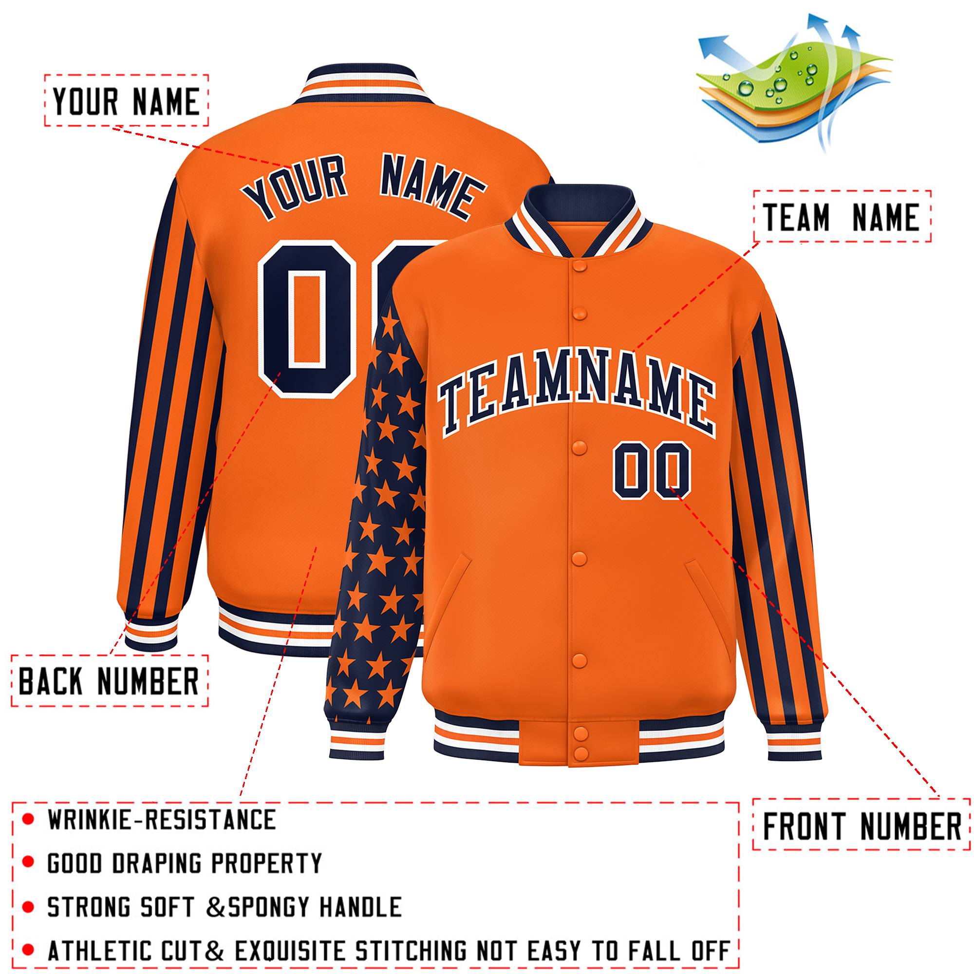 Custom Orange American Flag Varsity Full-Snap Authentic Raglan Sleeves Letterman Bomber Jacket