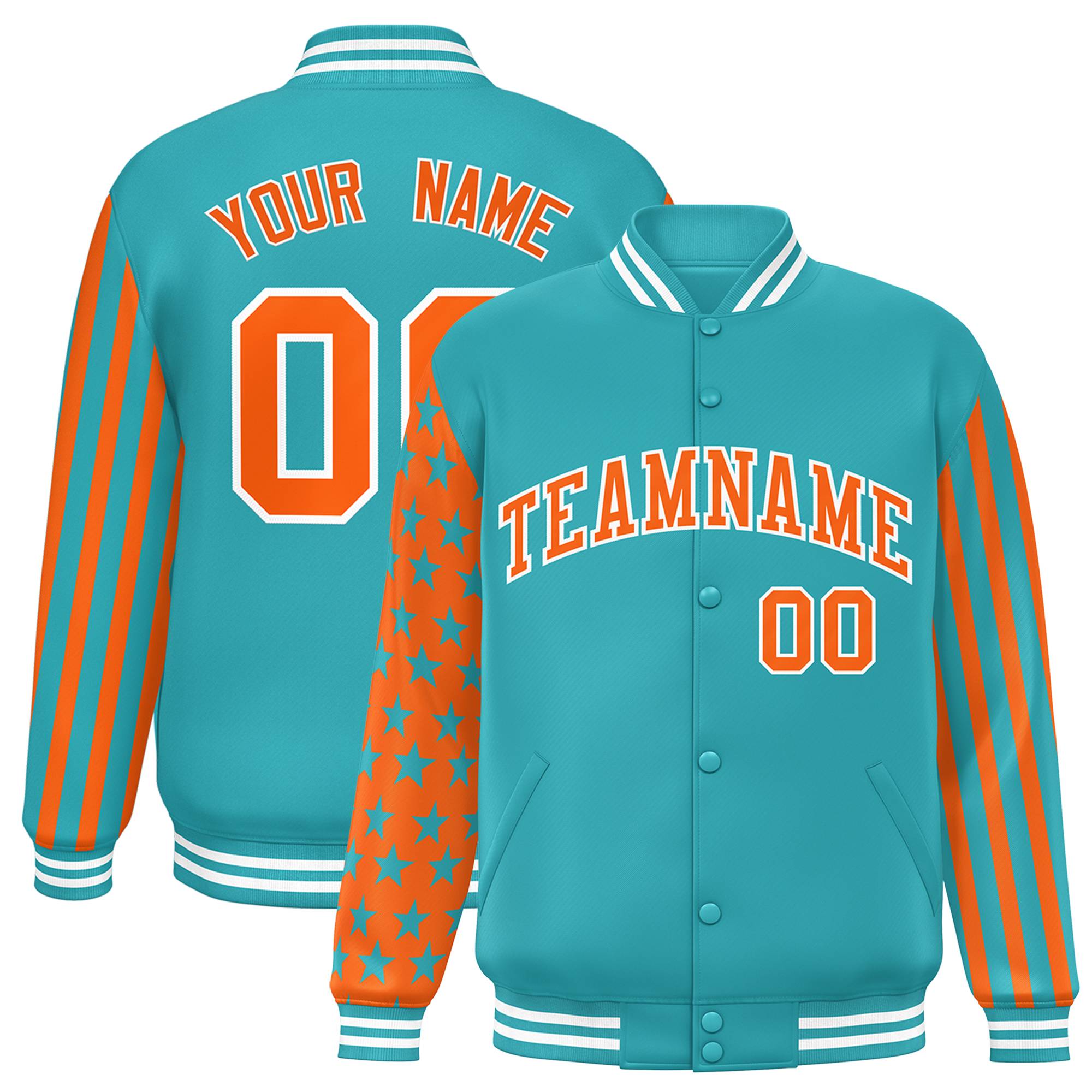 Custom Aqua American Flag Varsity Full-Snap Authentic Raglan Sleeves Letterman Bomber Jacket