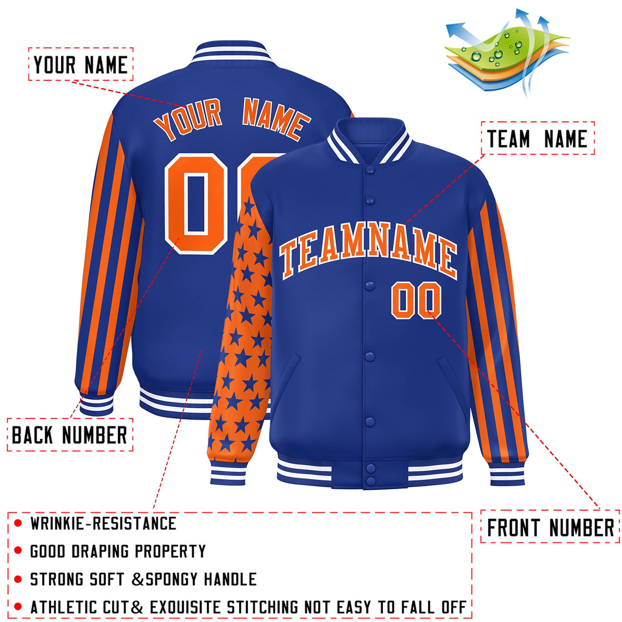 Custom Royal American Flag Varsity Full-Snap Authentic Raglan Sleeves Letterman Bomber Jacket