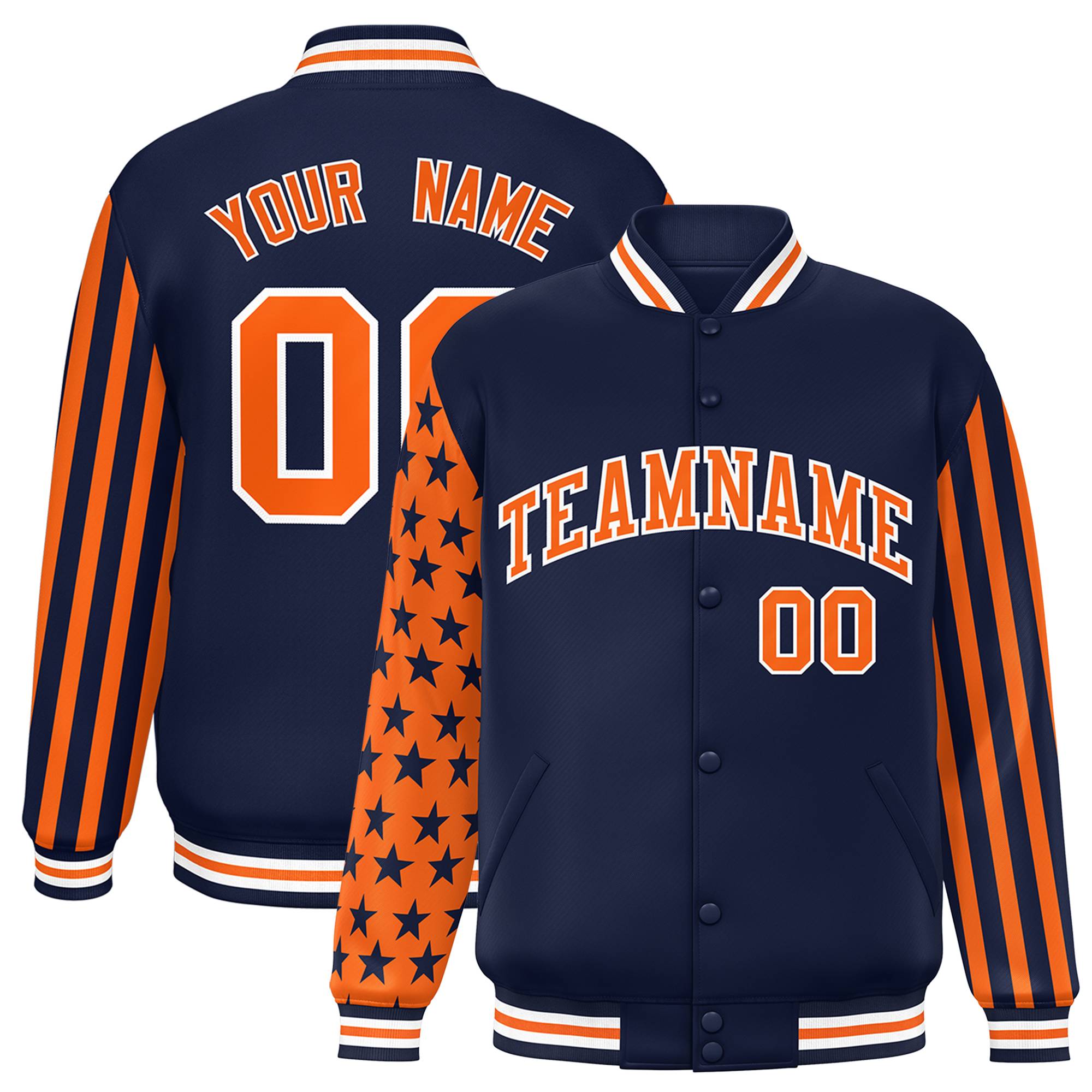 Custom Navy American Flag Varsity Full-Snap Authentic Raglan Sleeves Letterman Bomber Jacket