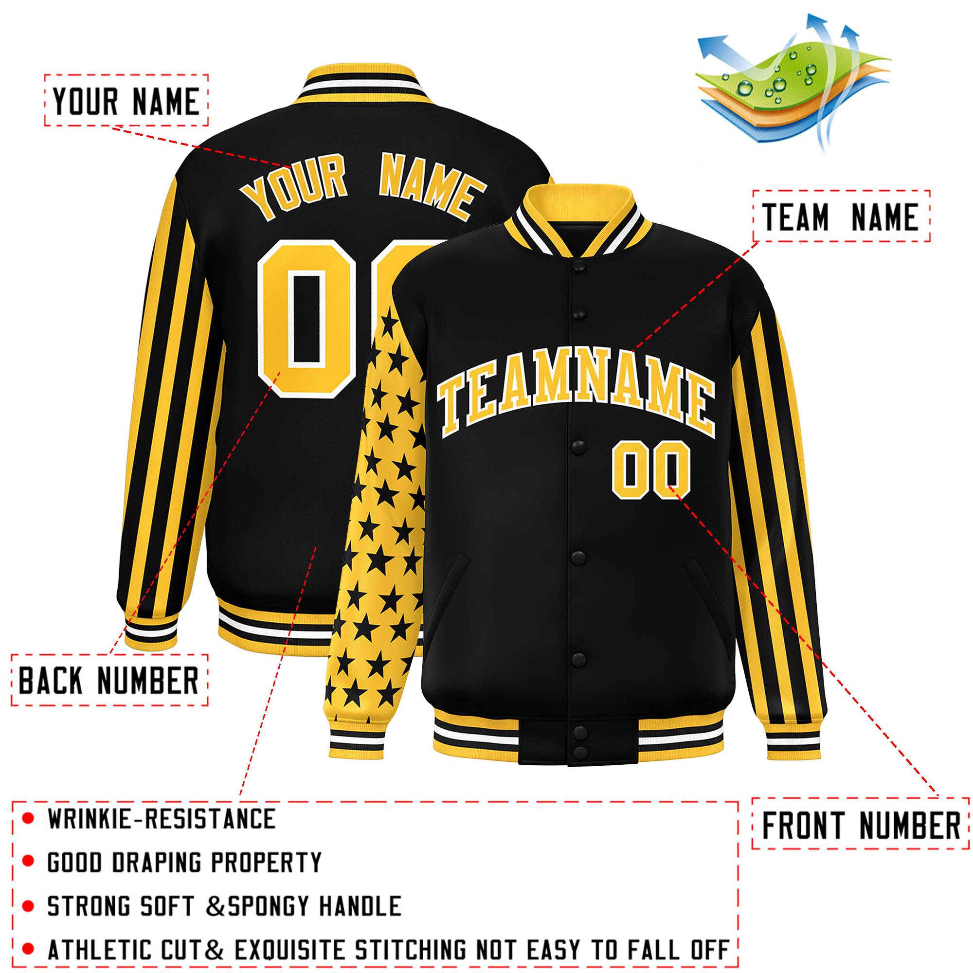 Custom Black American Flag Varsity Full-Snap Authentic Raglan Sleeves Letterman Bomber Jacket