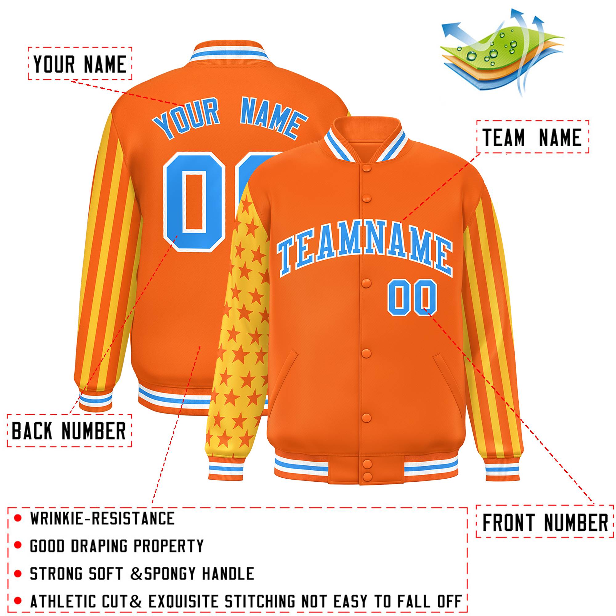 Custom Orange American Flag Varsity Full-Snap Authentic Raglan Sleeves Letterman Bomber Jacket