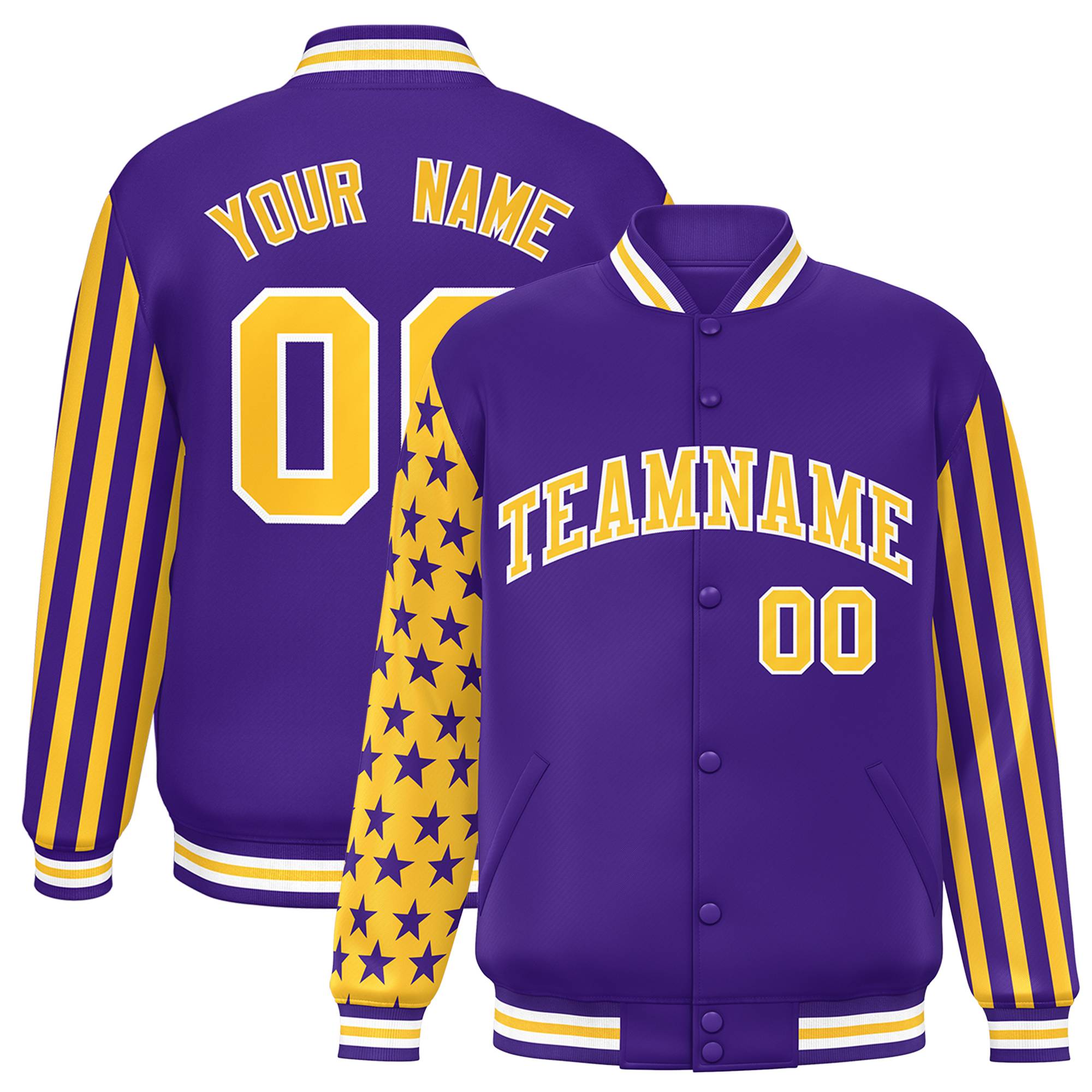 Custom Purple American Flag Varsity Full-Snap Authentic Raglan Sleeves Letterman Bomber Jacket