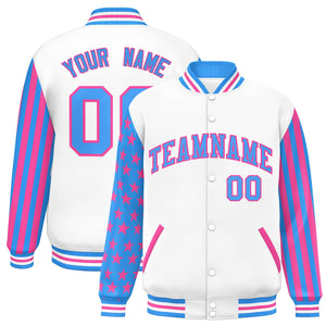 Custom White Powder Blue American Flag Varsity Full-Snap Authentic Raglan Sleeves Letterman Bomber Jacket