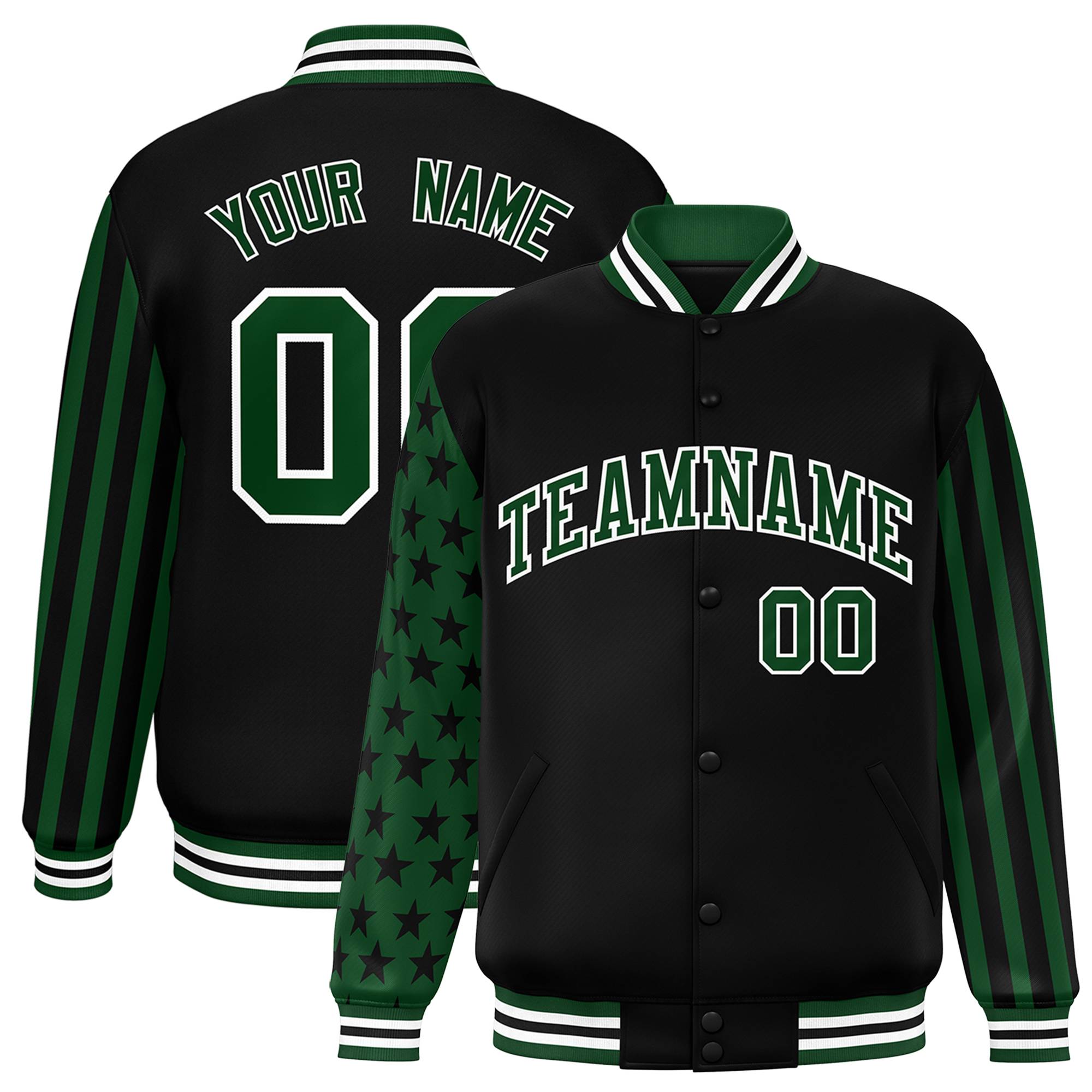 Custom Black Green American Flag Varsity Full-Snap Authentic Raglan Sleeves Letterman Bomber Jacket