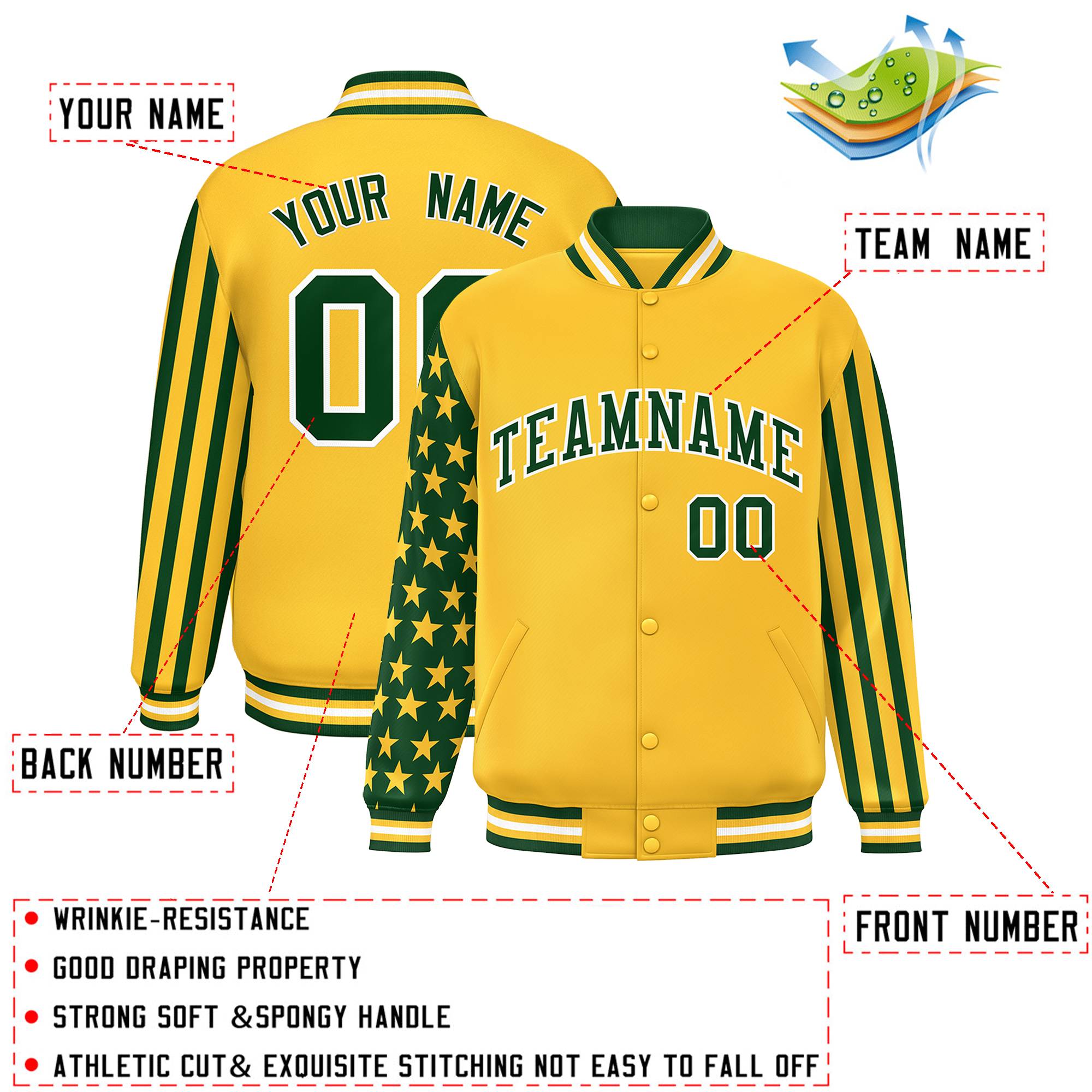 Custom Gold Green American Flag Varsity Full-Snap Authentic Raglan Sleeves Letterman Bomber Jacket