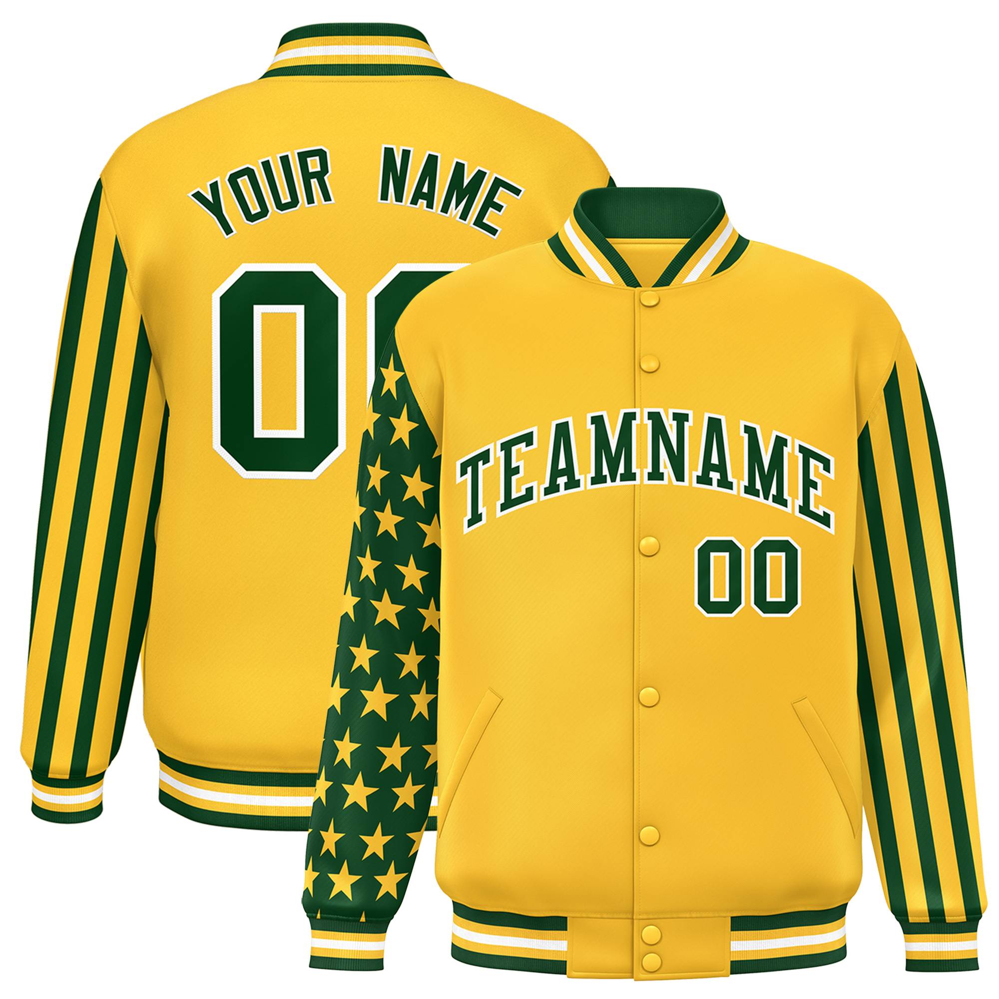 Custom Gold Green American Flag Varsity Full-Snap Authentic Raglan Sleeves Letterman Bomber Jacket