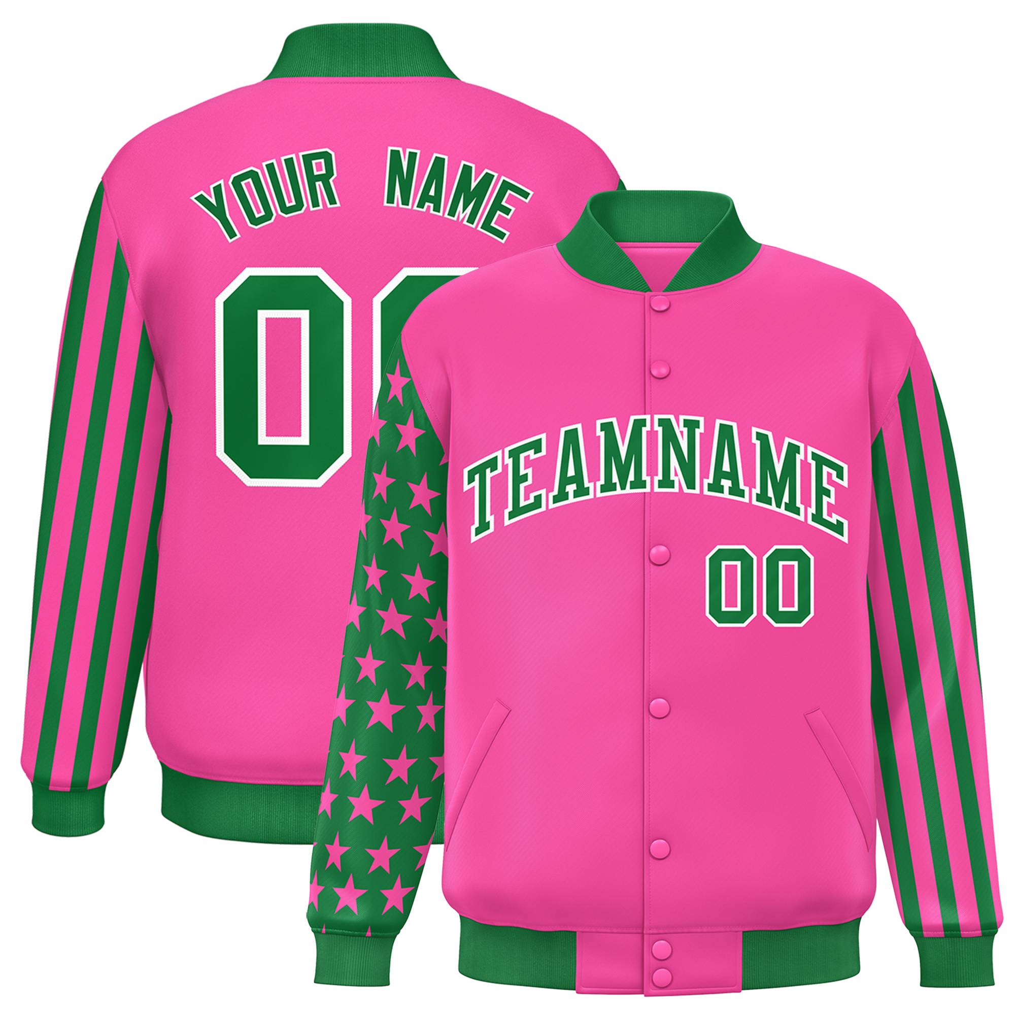 Custom Pink Kelly Green American Flag Varsity Full-Snap Authentic Raglan Sleeves Letterman Bomber Jacket