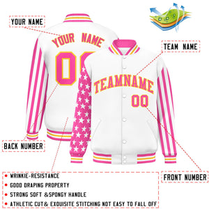 Custom White Pink American Flag Varsity Full-Snap Authentic Raglan Sleeves Letterman Bomber Jacket