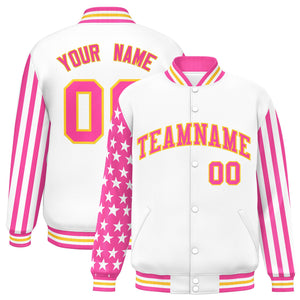 Custom White Pink American Flag Varsity Full-Snap Authentic Raglan Sleeves Letterman Bomber Jacket