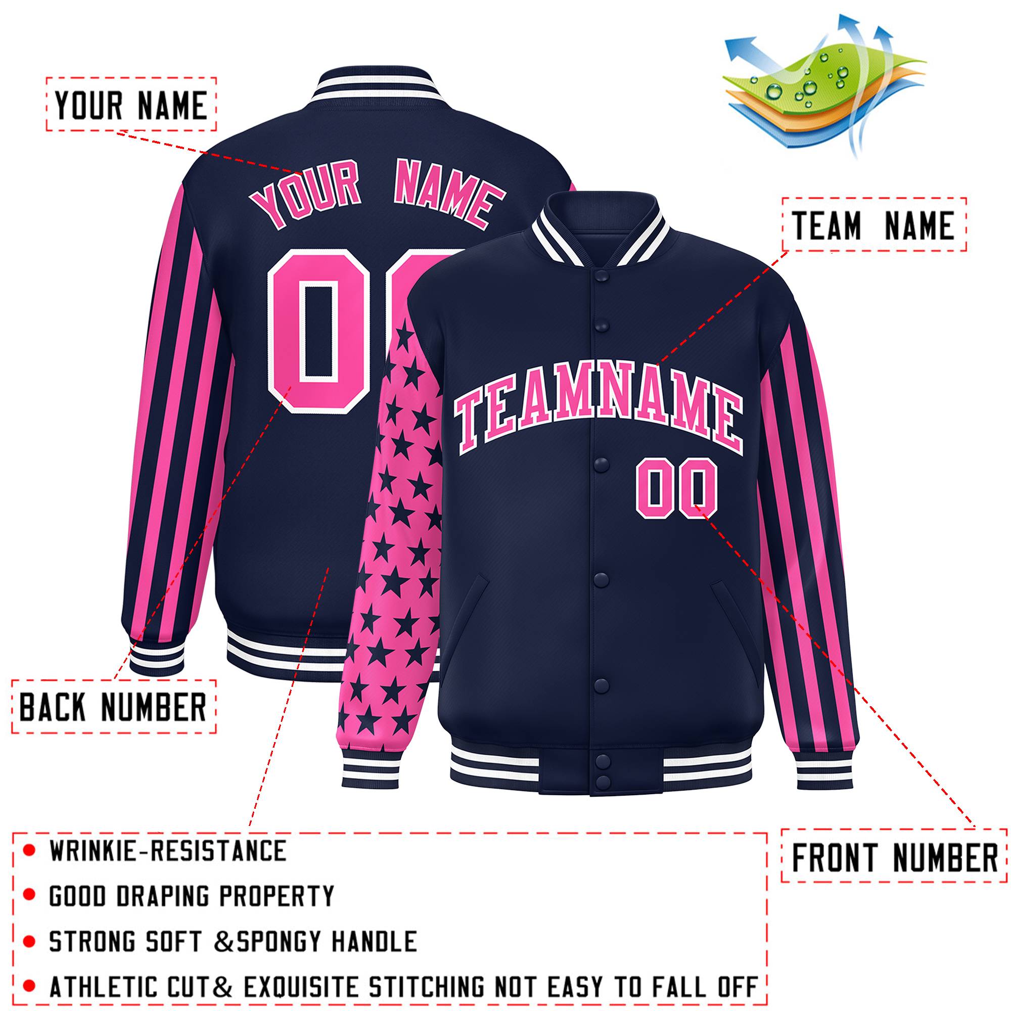 Custom Navy Pink American Flag Varsity Full-Snap Authentic Raglan Sleeves Letterman Bomber Jacket