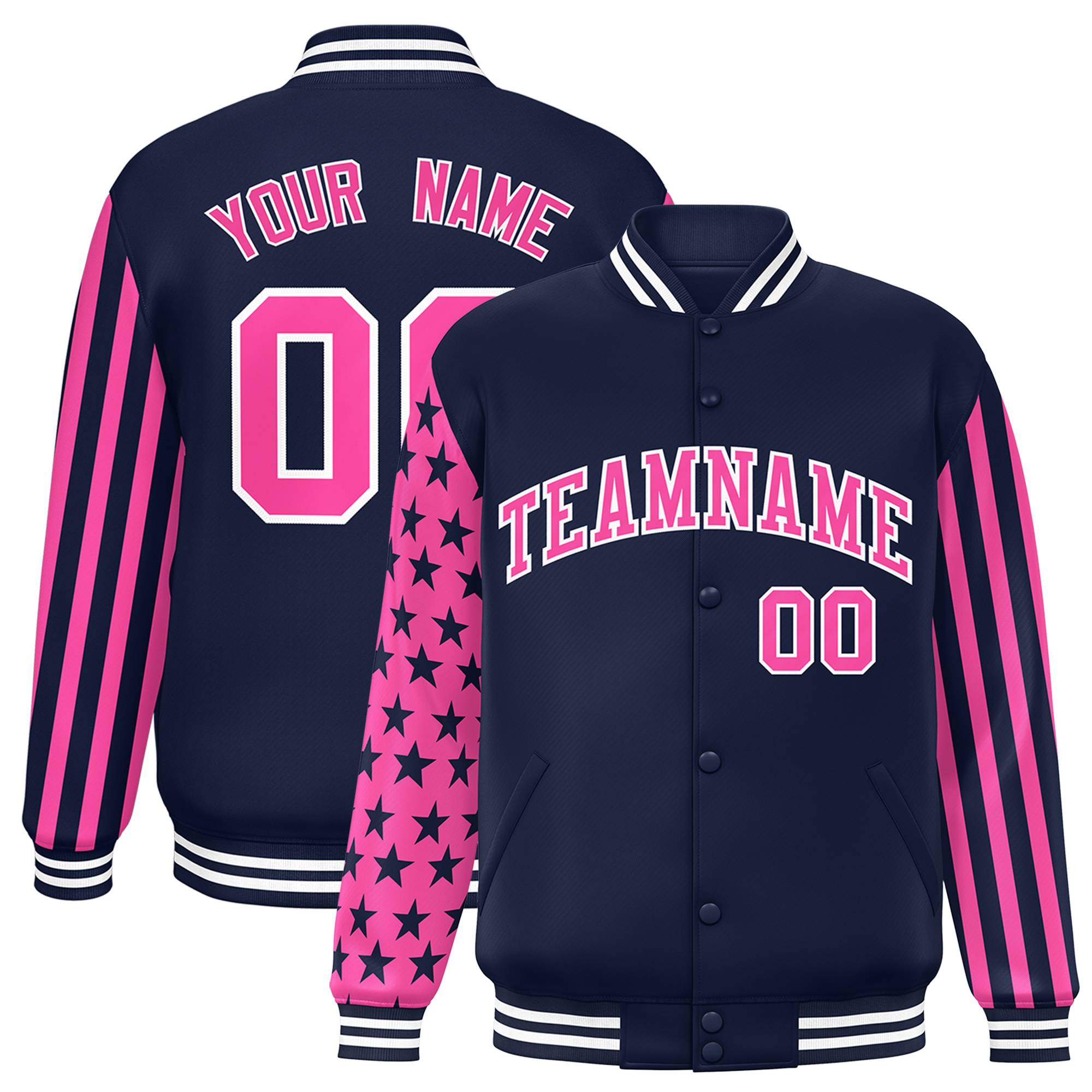 Custom Navy Pink American Flag Varsity Full-Snap Authentic Raglan Sleeves Letterman Bomber Jacket