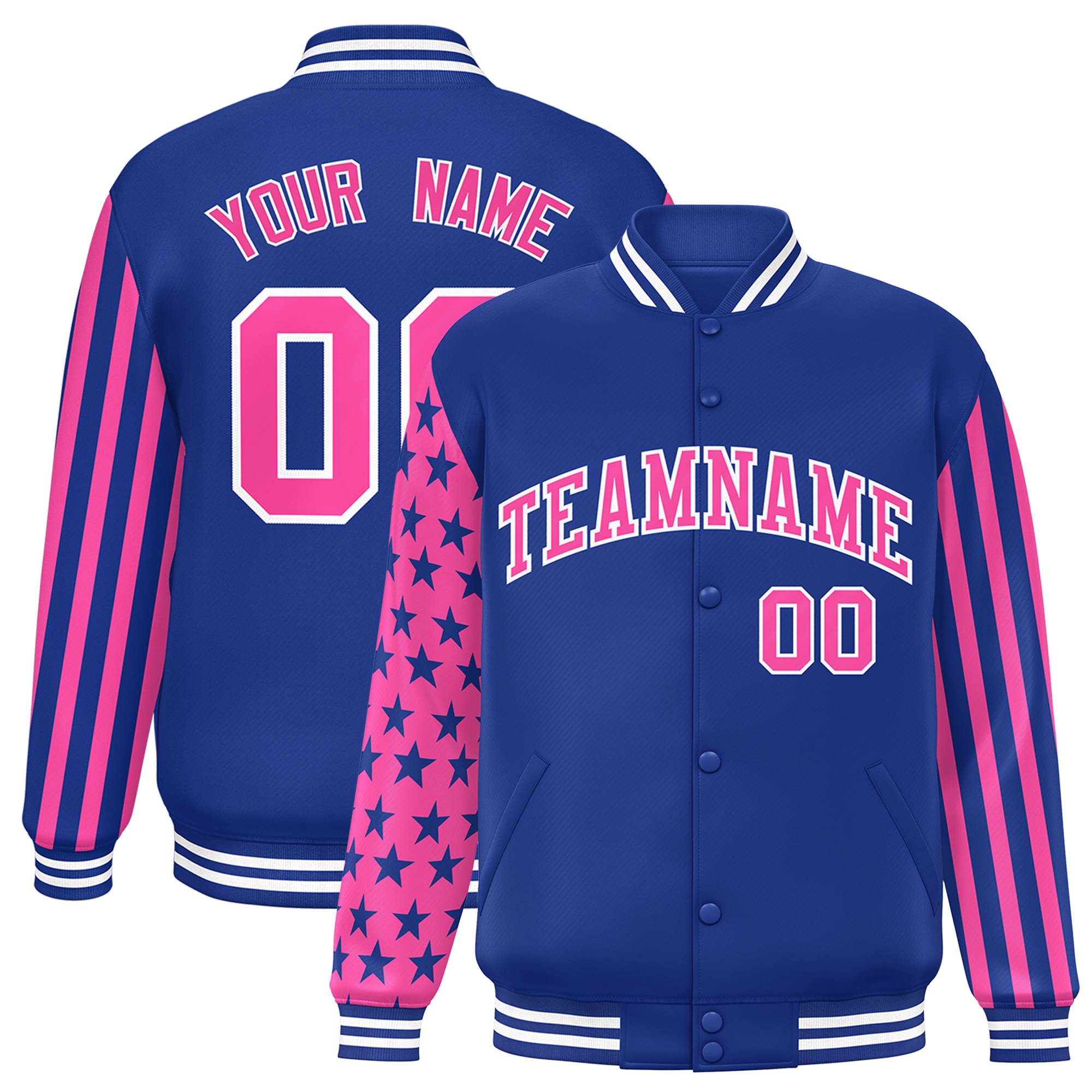 Custom Royal Pink American Flag Varsity Full-Snap Authentic Raglan Sleeves Letterman Bomber Jacket