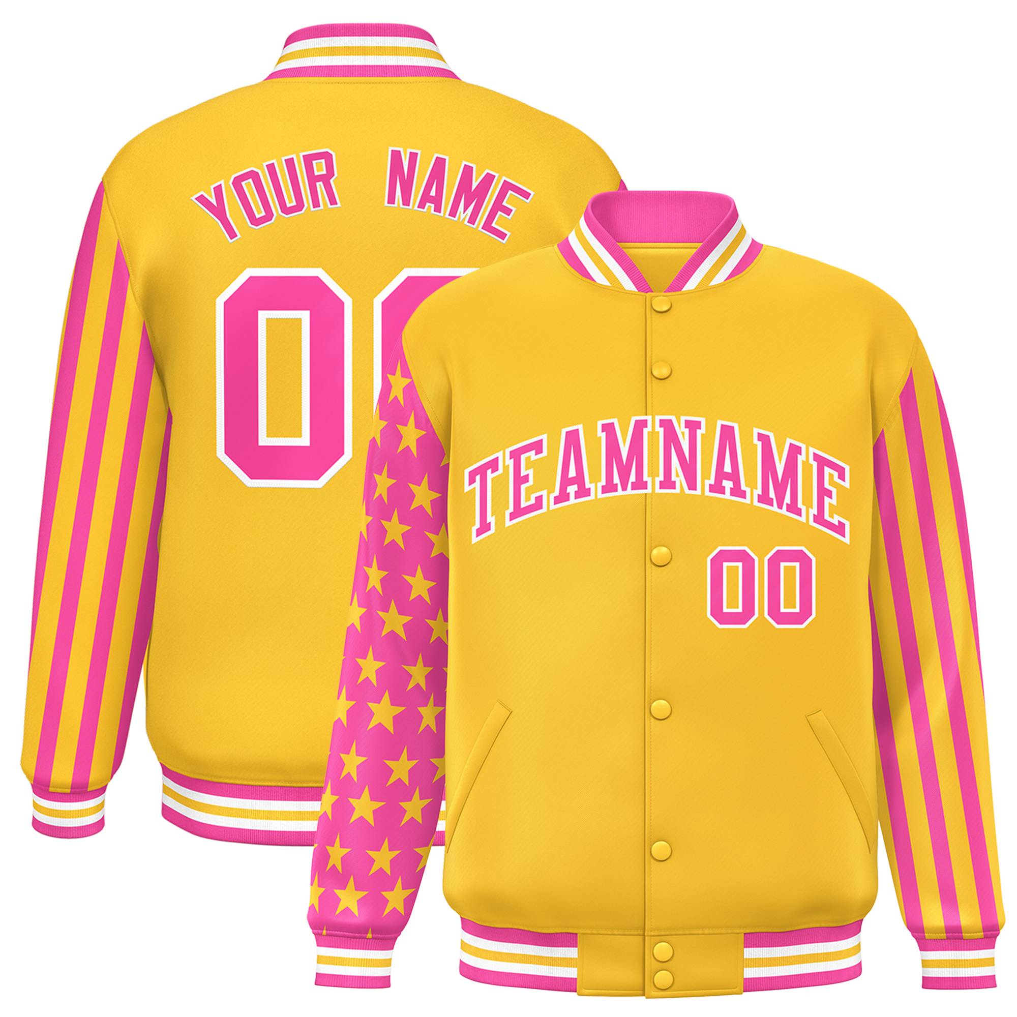 Custom Gold Pink American Flag Varsity Full-Snap Authentic Raglan Sleeves Letterman Bomber Jacket