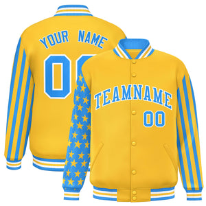 Custom Gold Powder Blue American Flag Varsity Full-Snap Authentic Raglan Sleeves Letterman Bomber Jacket