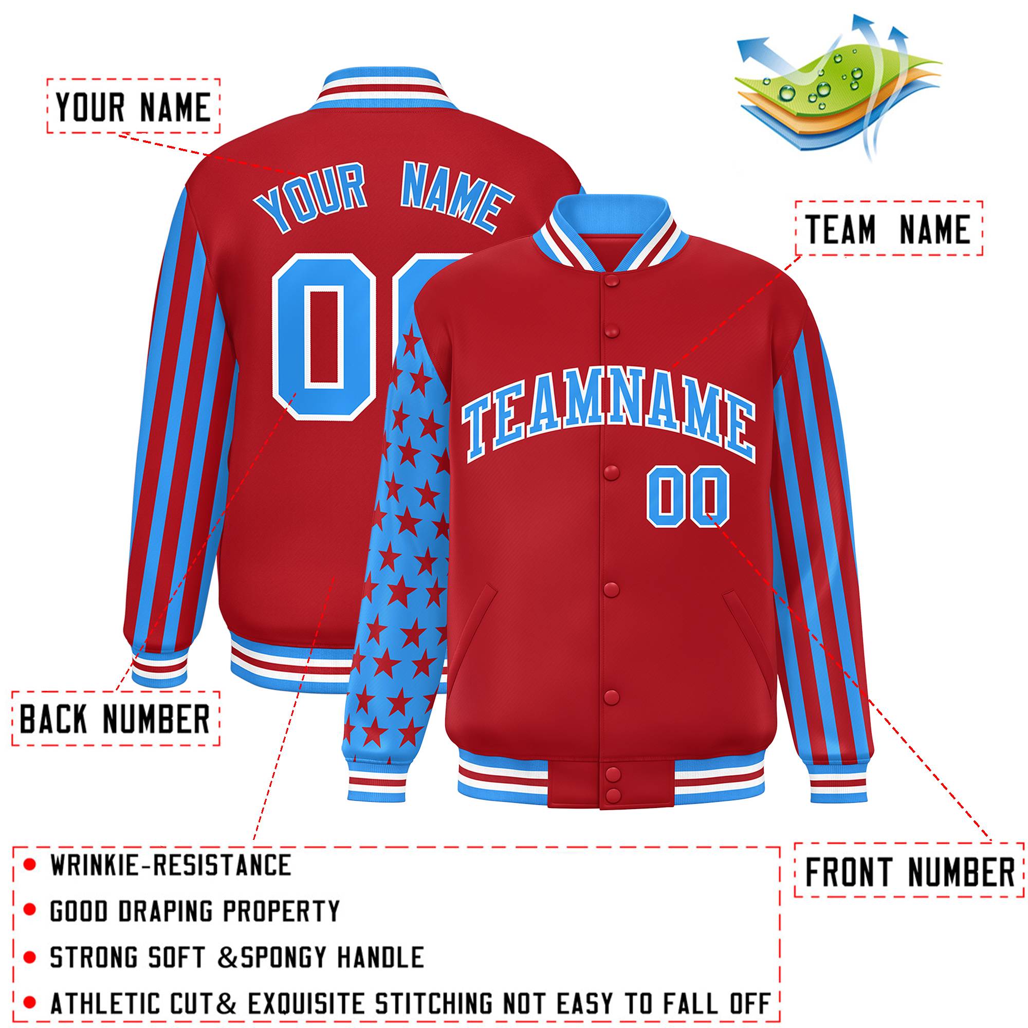 Custom Red Powder Blue American Flag Varsity Full-Snap Authentic Raglan Sleeves Letterman Bomber Jacket