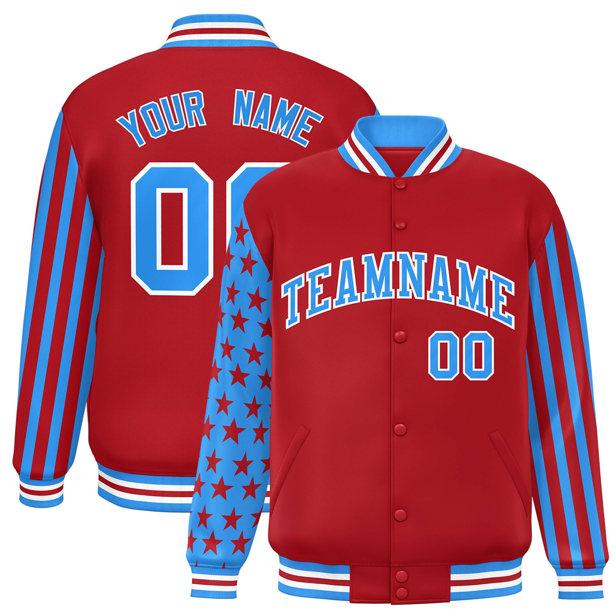 Custom Red Powder Blue American Flag Varsity Full-Snap Authentic Raglan Sleeves Letterman Bomber Jacket