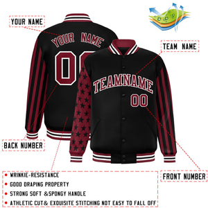 Custom Black Crimson American Flag Varsity Full-Snap Authentic Raglan Sleeves Letterman Bomber Jacket