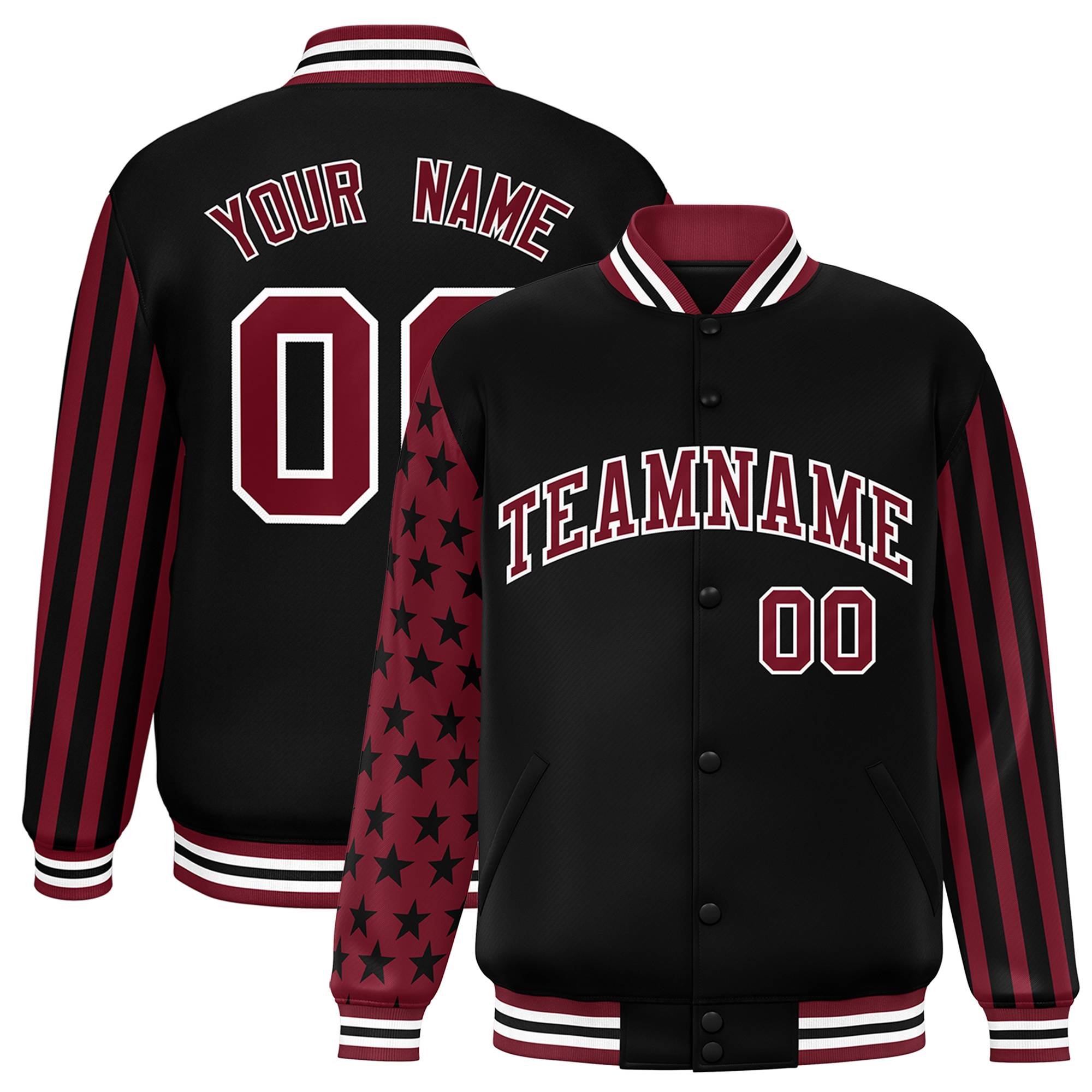 Custom Black Crimson American Flag Varsity Full-Snap Authentic Raglan Sleeves Letterman Bomber Jacket