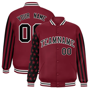 Custom Crimson Black American Flag Varsity Full-Snap Authentic Raglan Sleeves Letterman Bomber Jacket