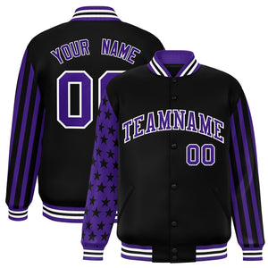 Custom Black Purple American Flag Varsity Full-Snap Authentic Raglan Sleeves Letterman Bomber Jacket