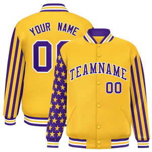 Custom Gold Purple American Flag Varsity Full-Snap Authentic Raglan Sleeves Letterman Bomber Jacket