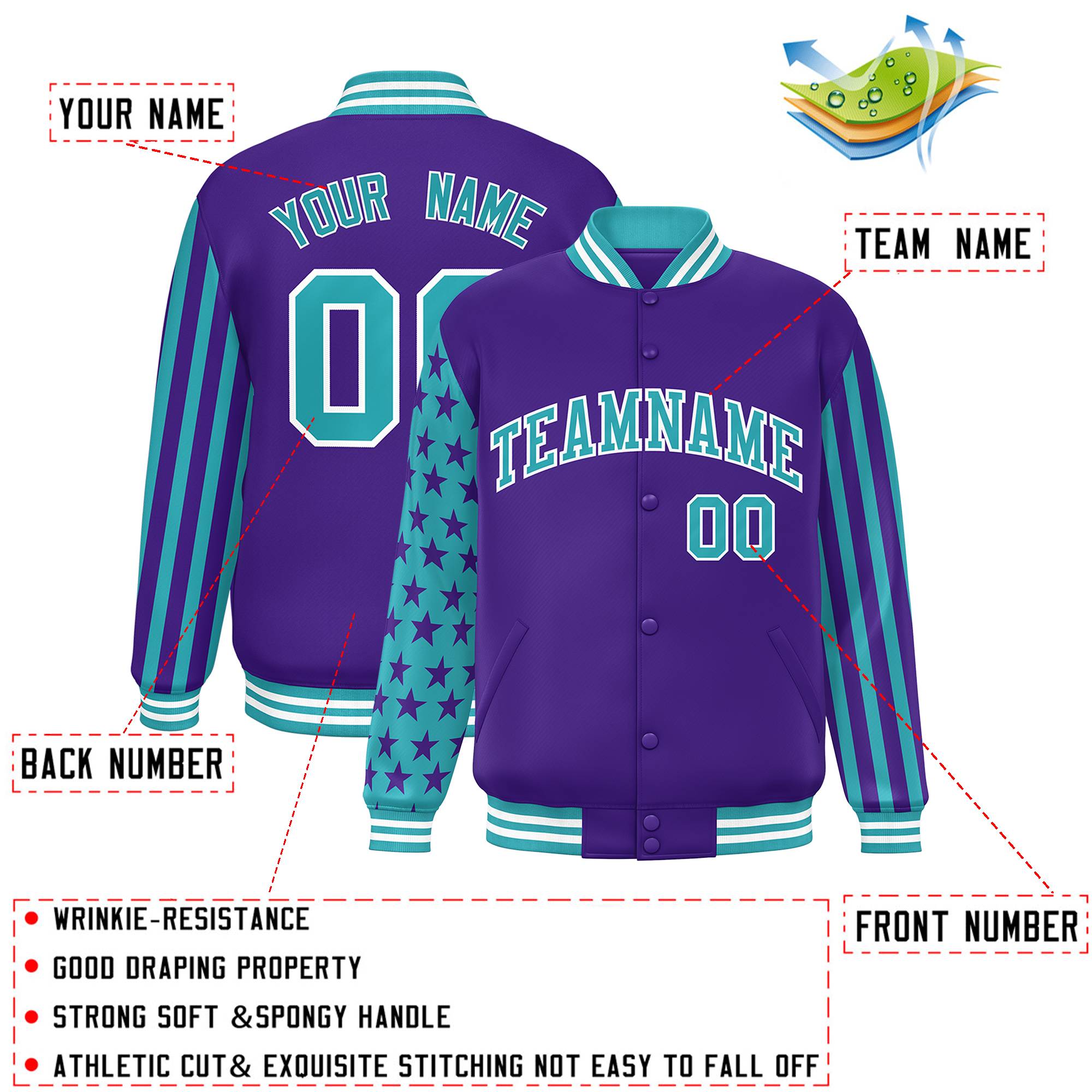 Custom Purple Aqua American Flag Varsity Full-Snap Authentic Raglan Sleeves Letterman Bomber Jacket