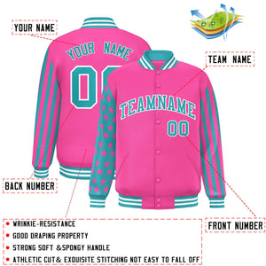 Custom Pink Aqua American Flag Varsity Full-Snap Authentic Raglan Sleeves Letterman Bomber Jacket