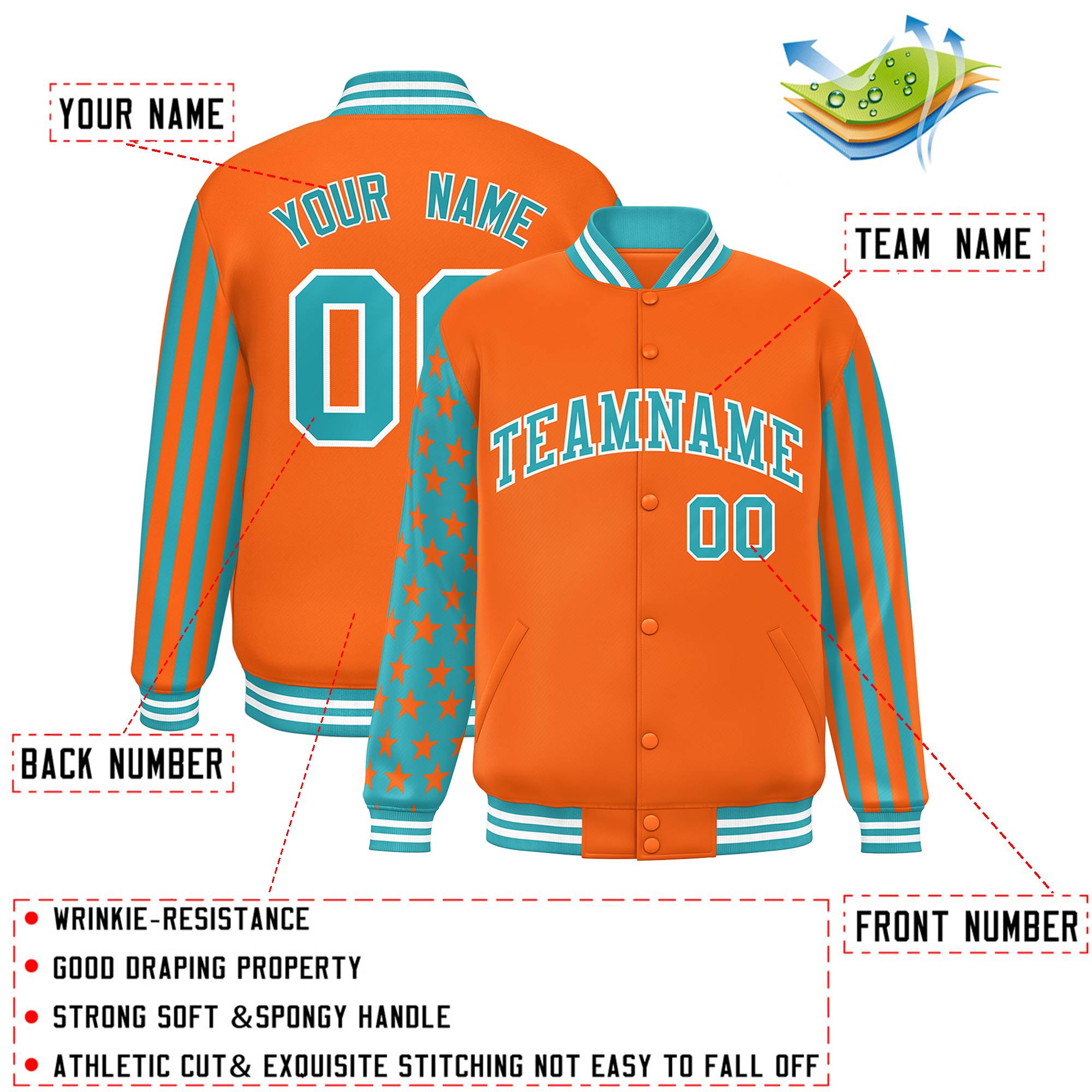 Custom Orange Aqua American Flag Varsity Full-Snap Authentic Raglan Sleeves Letterman Bomber Jacket