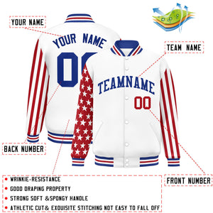 Custom White Red American Flag Varsity Full-Snap Authentic Raglan Sleeves Letterman Bomber Jacket