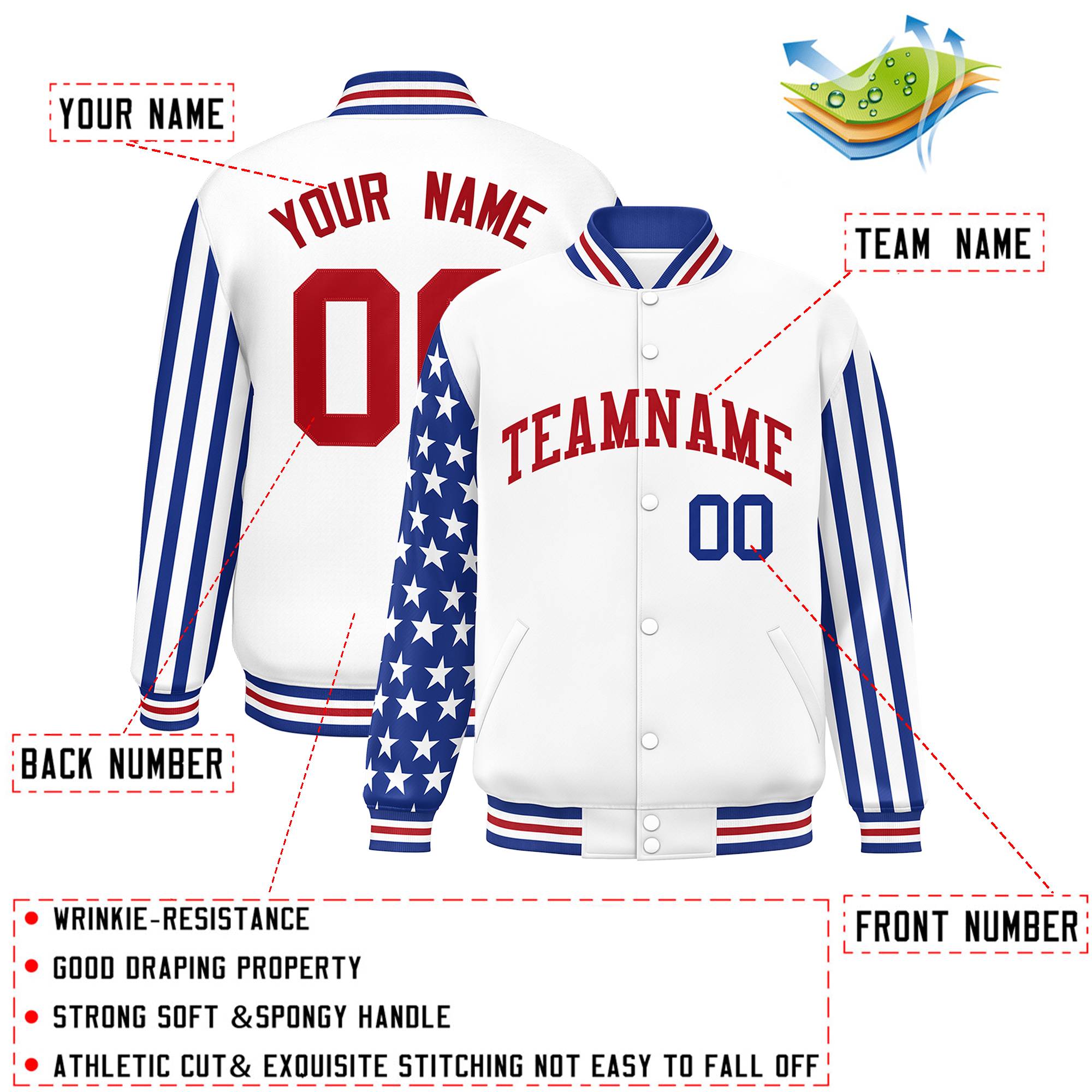 Custom White Royal American Flag Varsity Full-Snap Authentic Raglan Sleeves Letterman Bomber Jacket