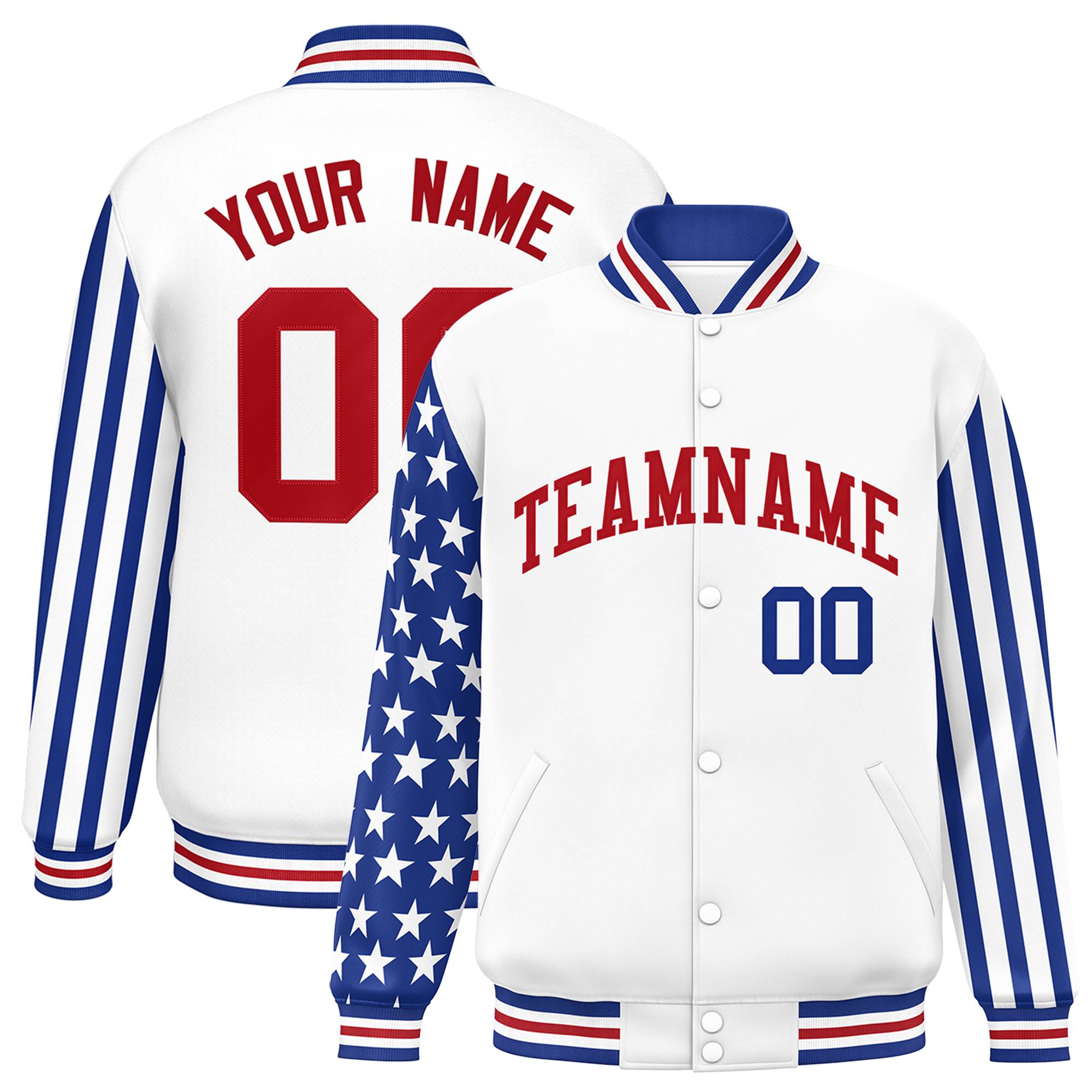 Custom White Royal American Flag Varsity Full-Snap Authentic Raglan Sleeves Letterman Bomber Jacket