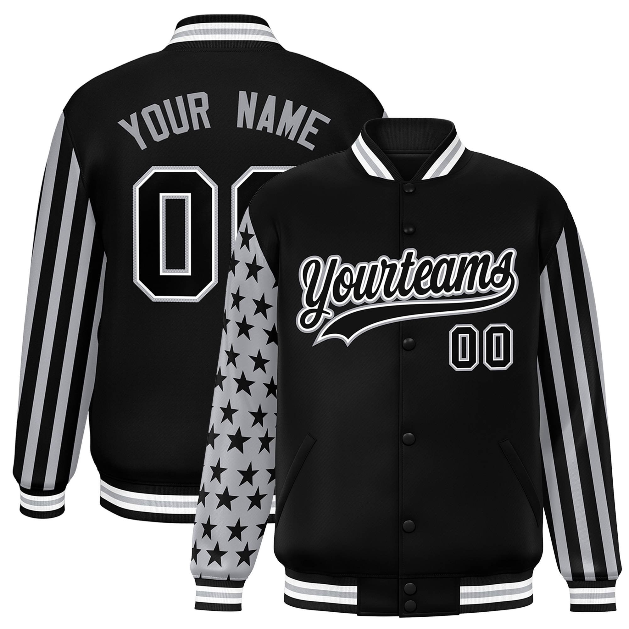 Custom Black American Flag Varsity Full-Snap Authentic Raglan Sleeves Letterman Bomber Jacket