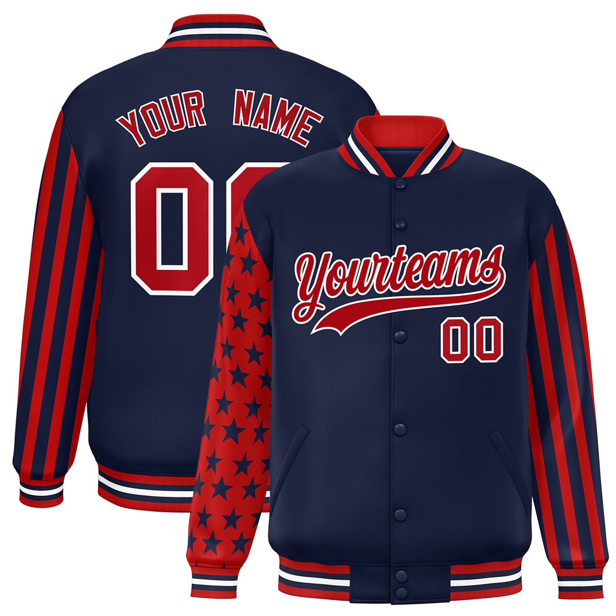 Custom Navy American Flag Varsity Full-Snap Authentic Raglan Sleeves Letterman Bomber Jacket