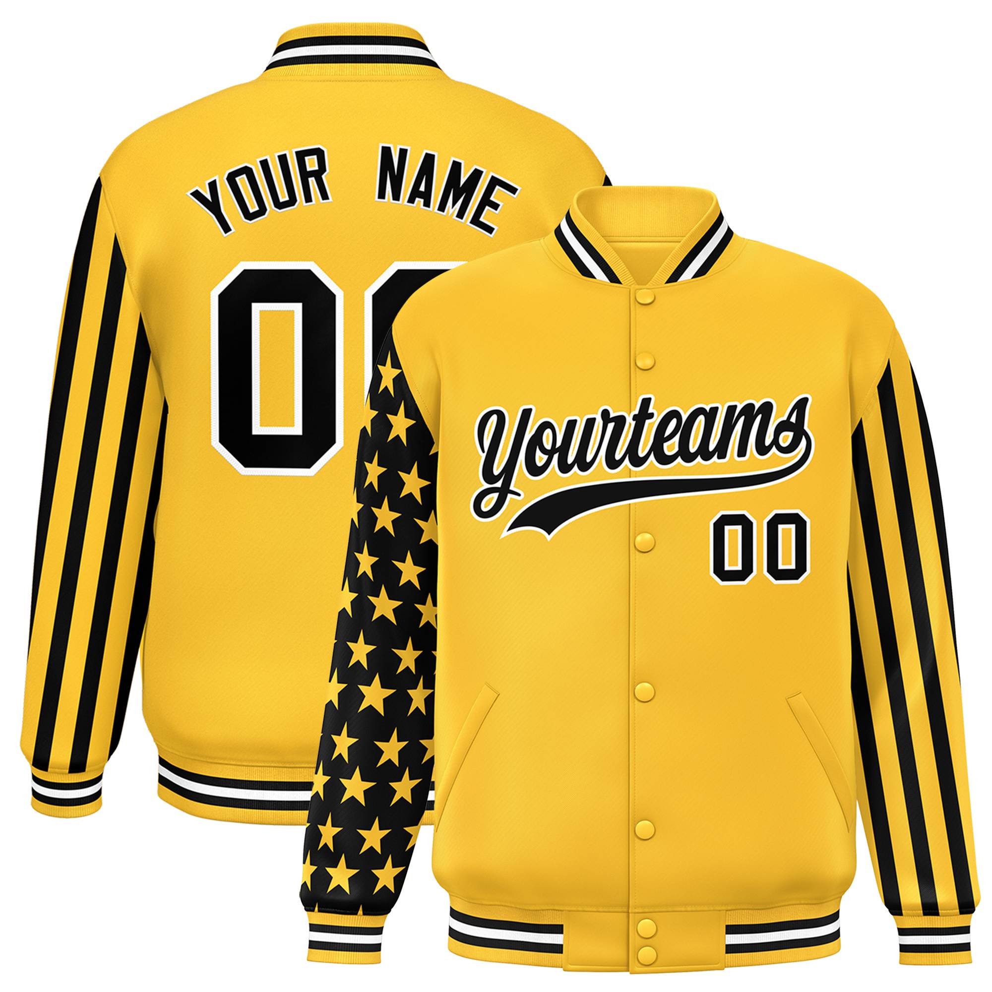 Custom Gold American Flag Varsity Full-Snap Authentic Raglan Sleeves Letterman Bomber Jacket